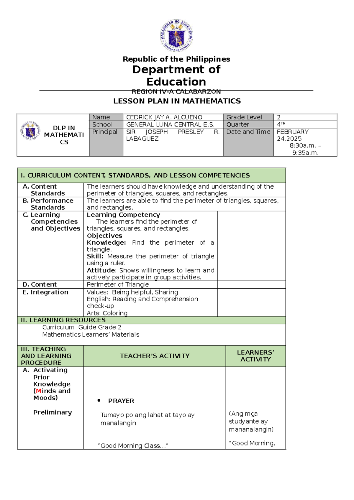 Alcueno - DLP MATH - Grade 2 Lesson Plan on Perimeter of Triangles ...