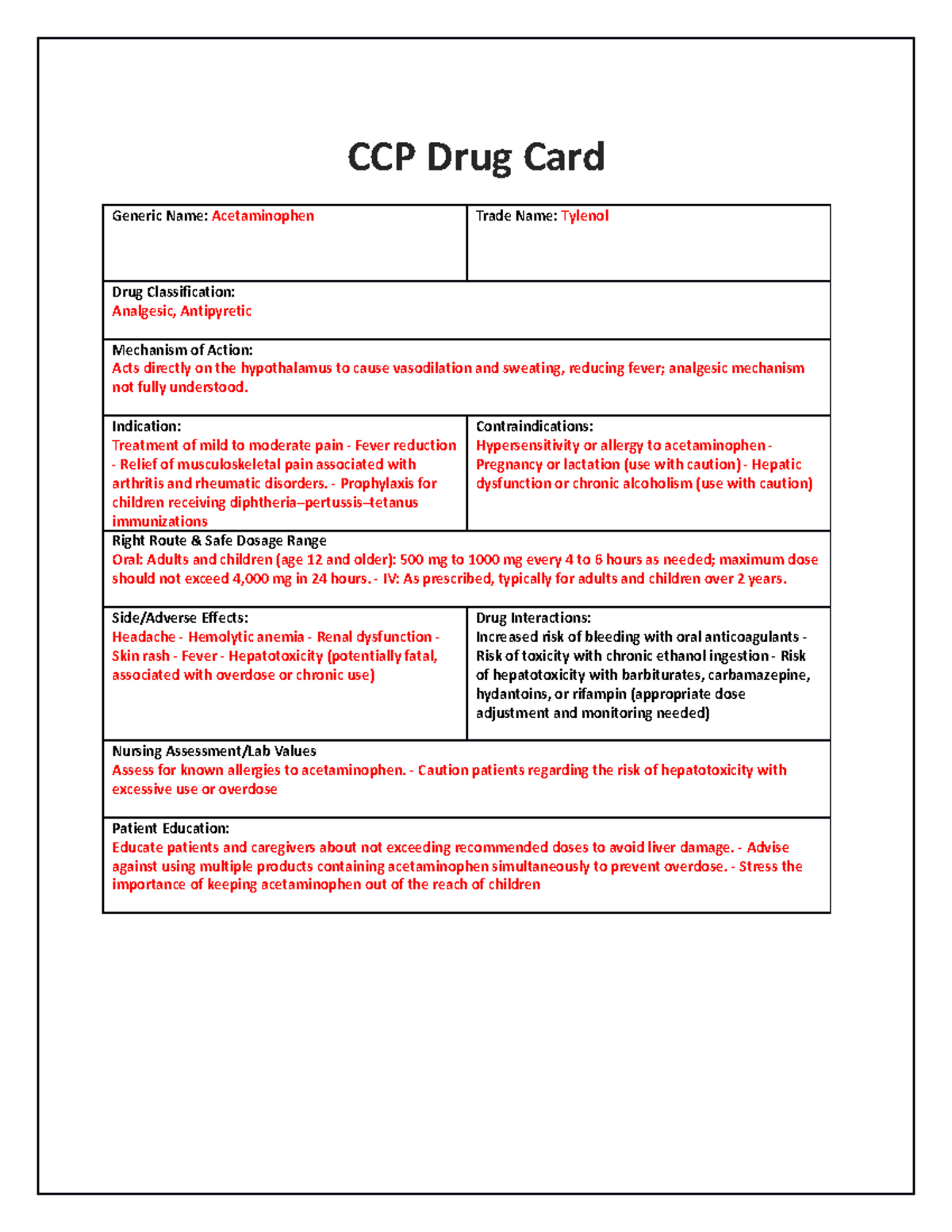 Acetaminophen drug card - CCP Drug Card Generic Name