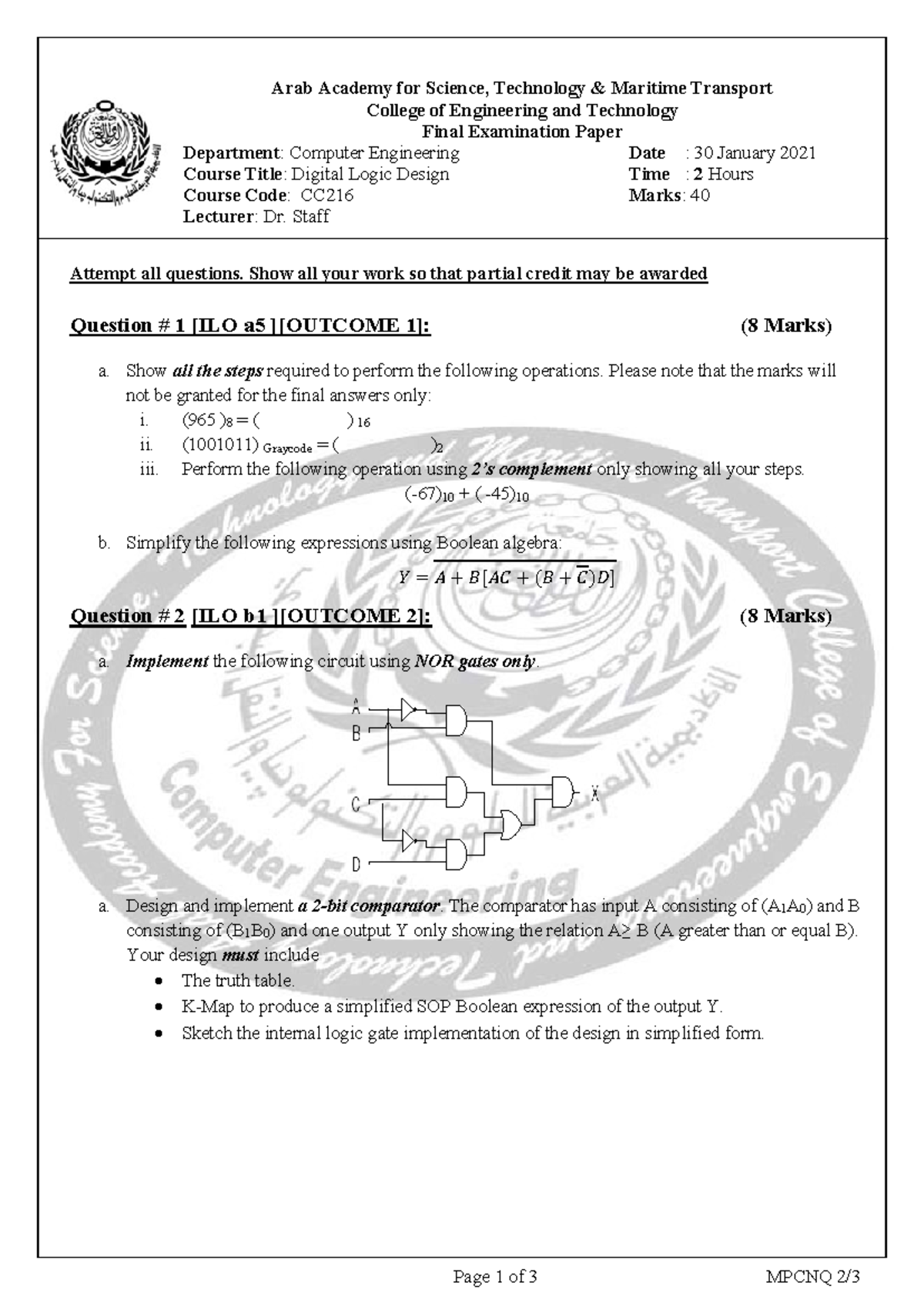 Final Exam CC216 F2021: Digital Logic Design Paper - Studocu