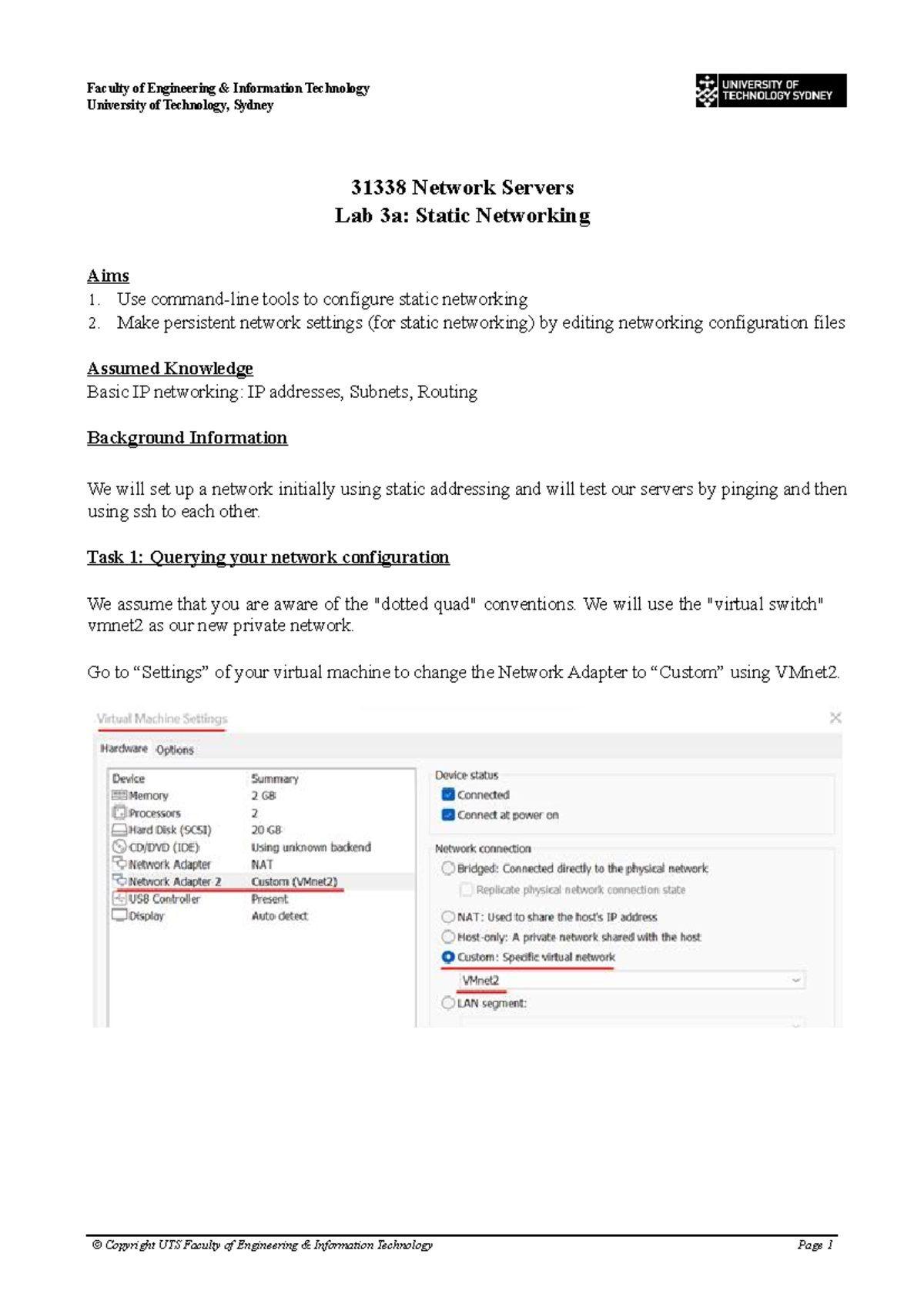 Lab 3a: Static Networking Configuration for UTS 31338 Network Servers ...
