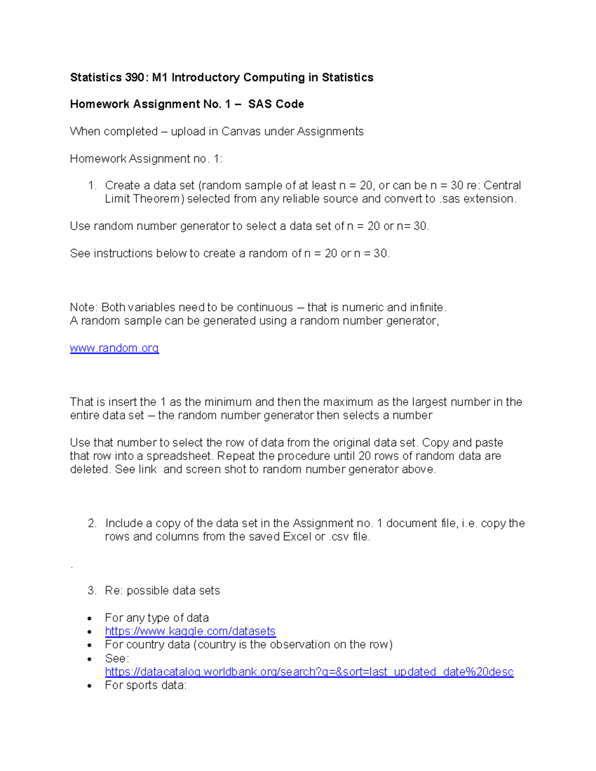 Statistics 390: M1 Homework No. 1 - Creating Random Data Set & SAS Code ...