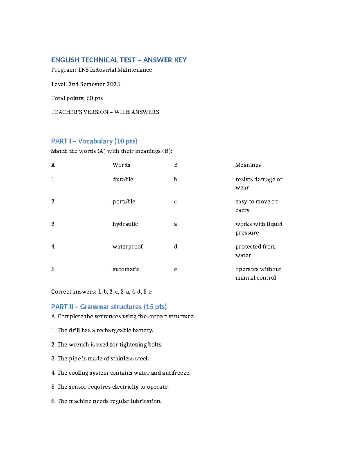 ENGLISH TECHNICAL TEST ANSWER KEY TNS Industrial Maintenance 2nd Sem ...