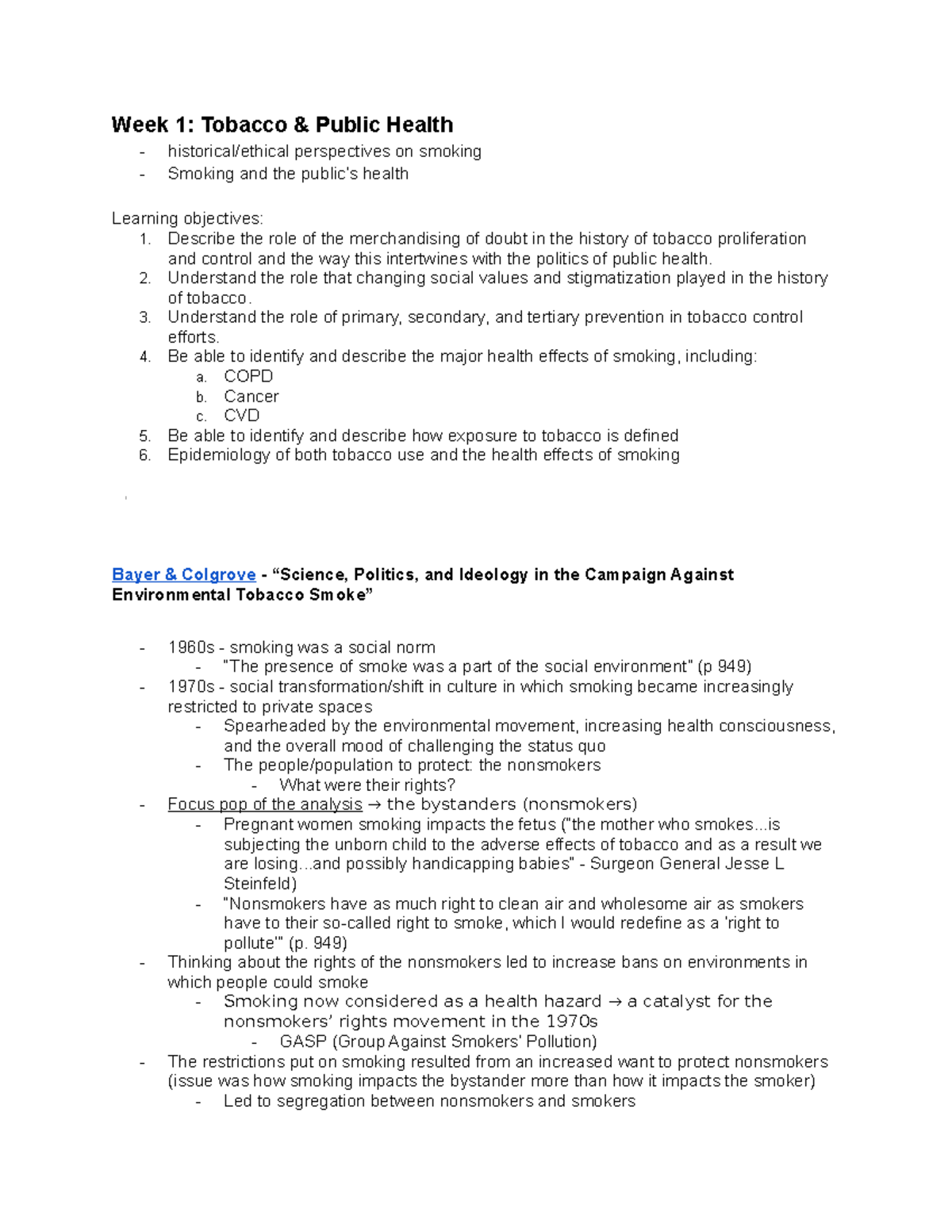 Week 1 - Tobacco & Public Health Readings Overview