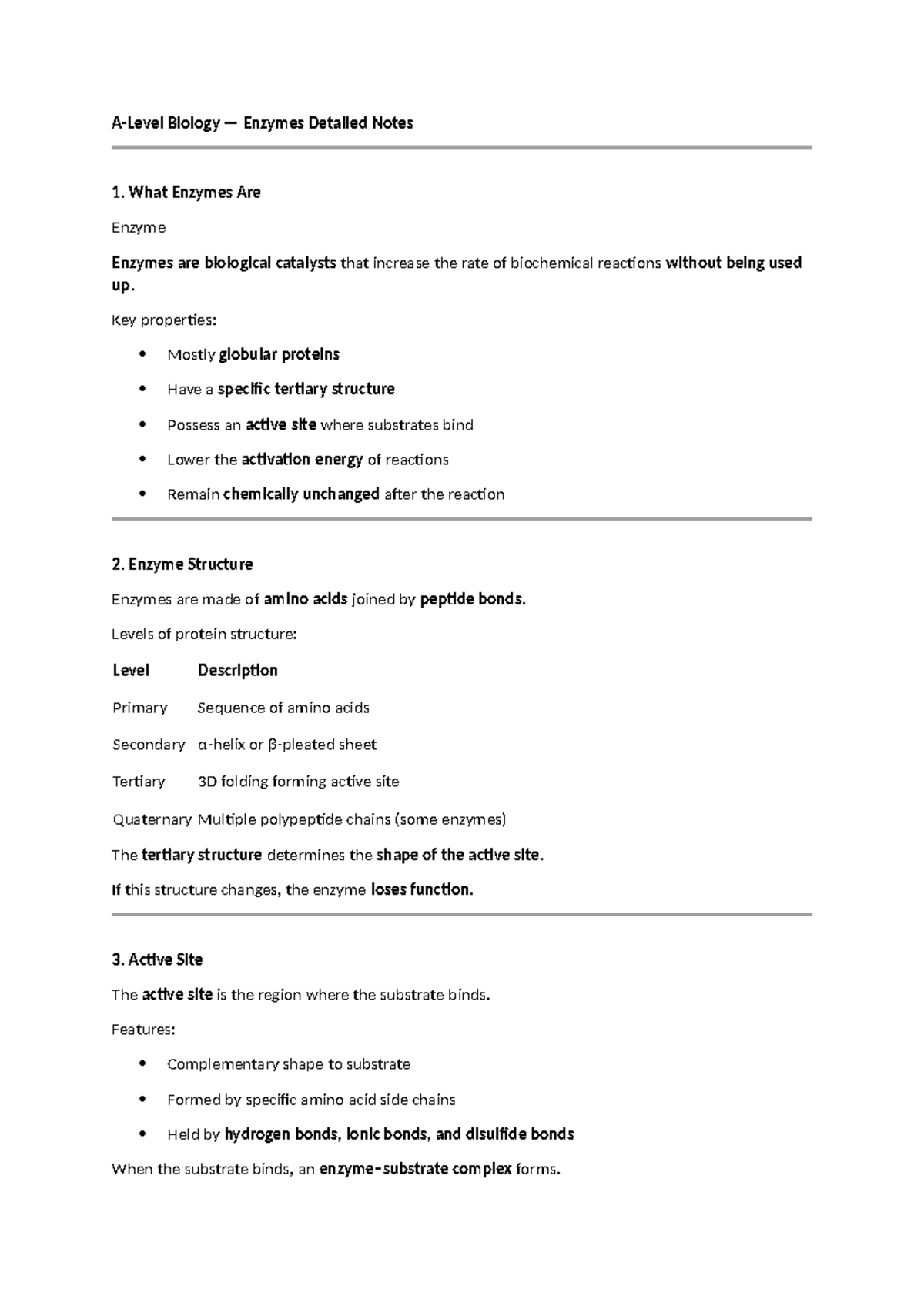 Biology A-Level: Enzymes Detailed Notes and Key Concepts - Studocu