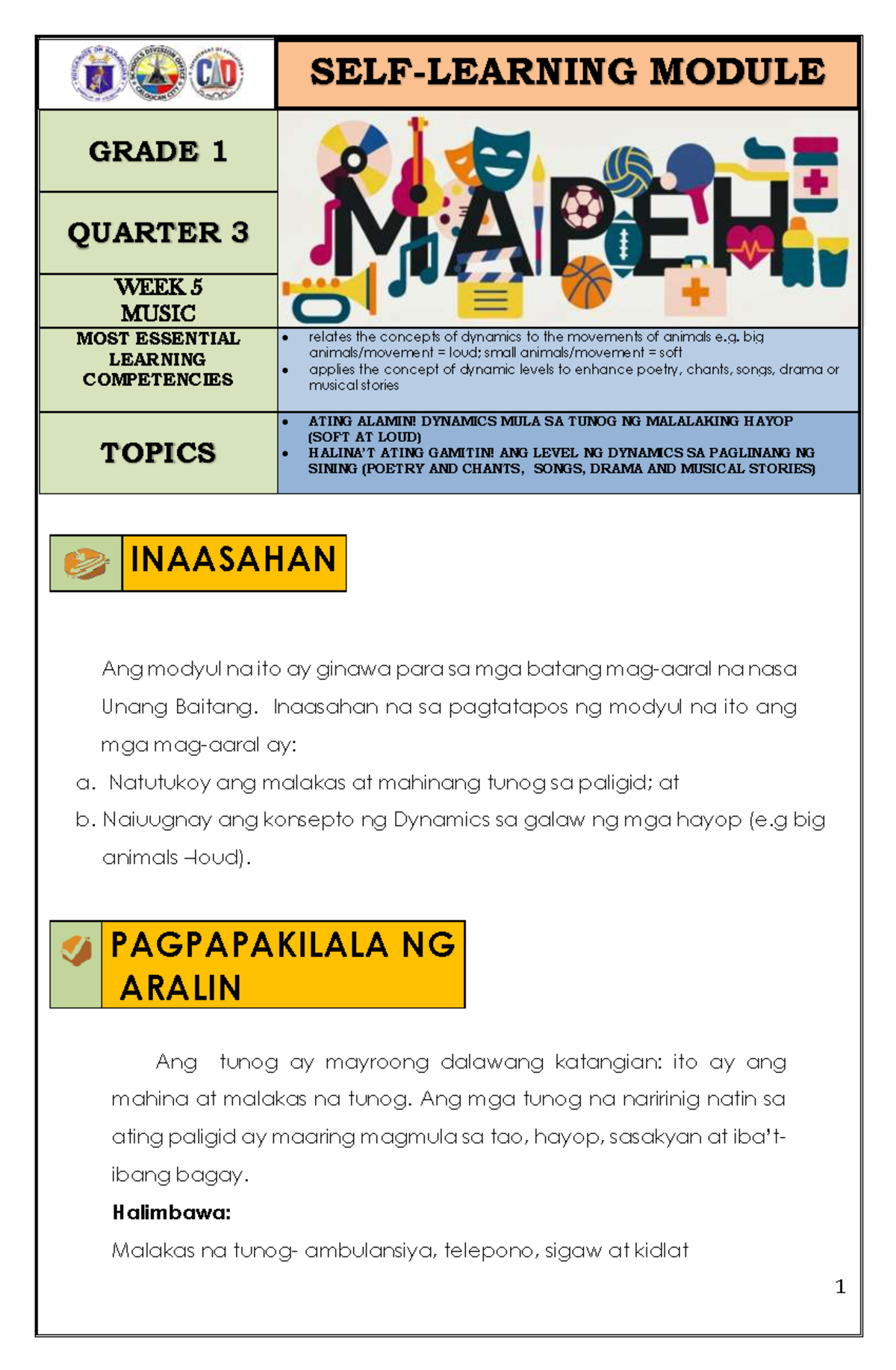 MAPEH 1 Q3 Week 5: Dynamics in Sound and Animal Movements - Document Preview
