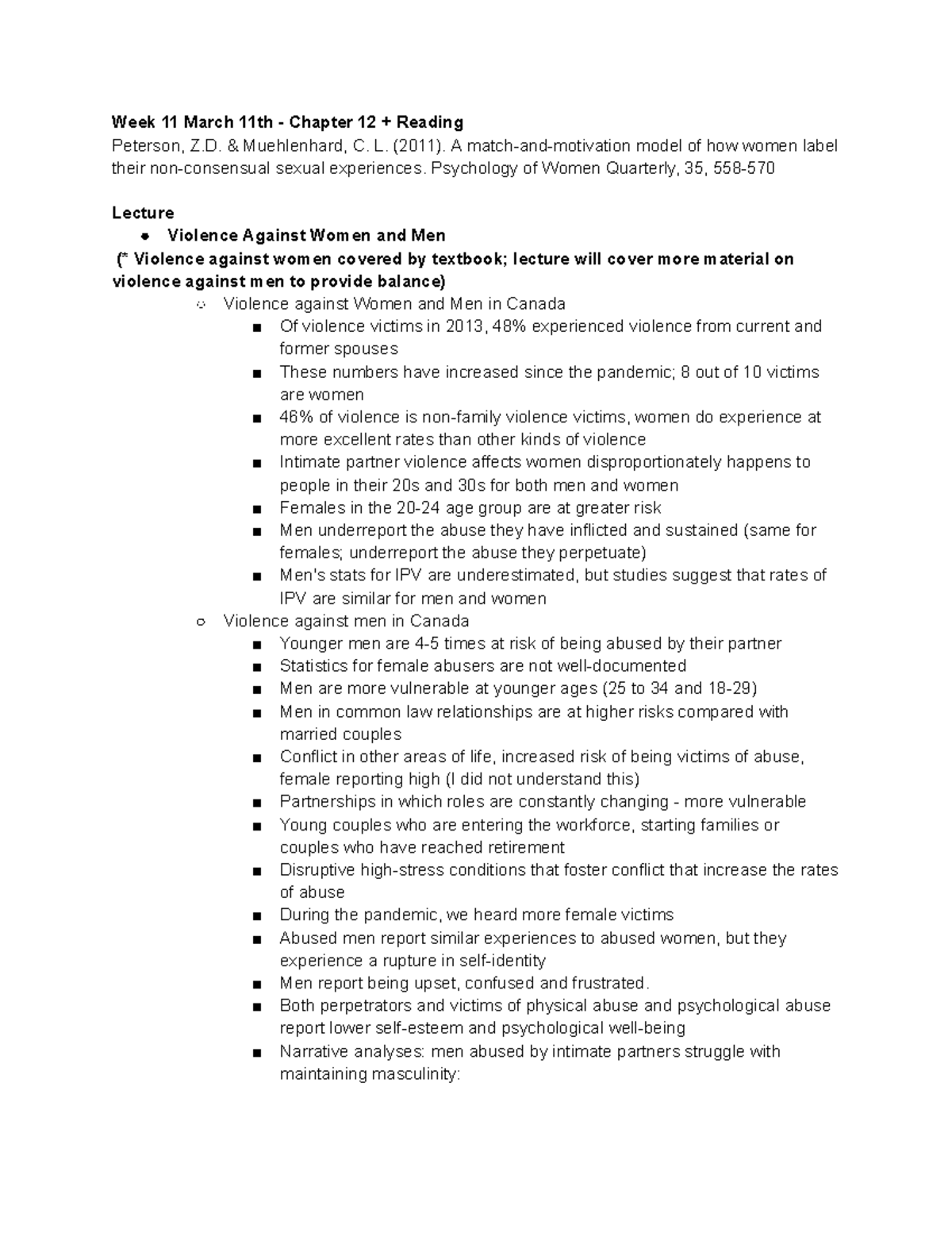 PSY 535 Final Notes: Chapter 12 on Violence Against Women and Men - Studocu