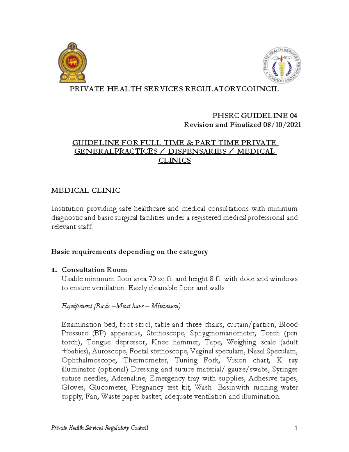 PHSRC Guideline 04: Establishing Private Medical Centres Standards ...