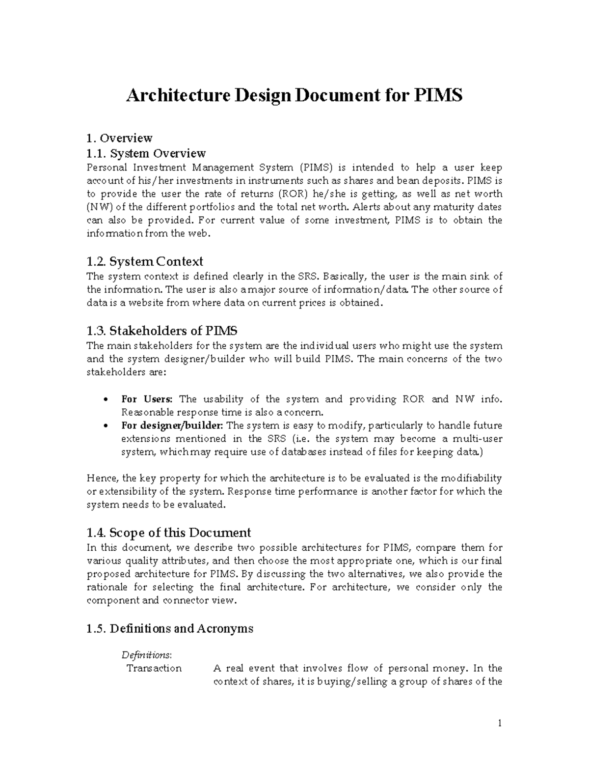 Architecture - arch - Architecture Design Document for PIMS 1. Overview ...