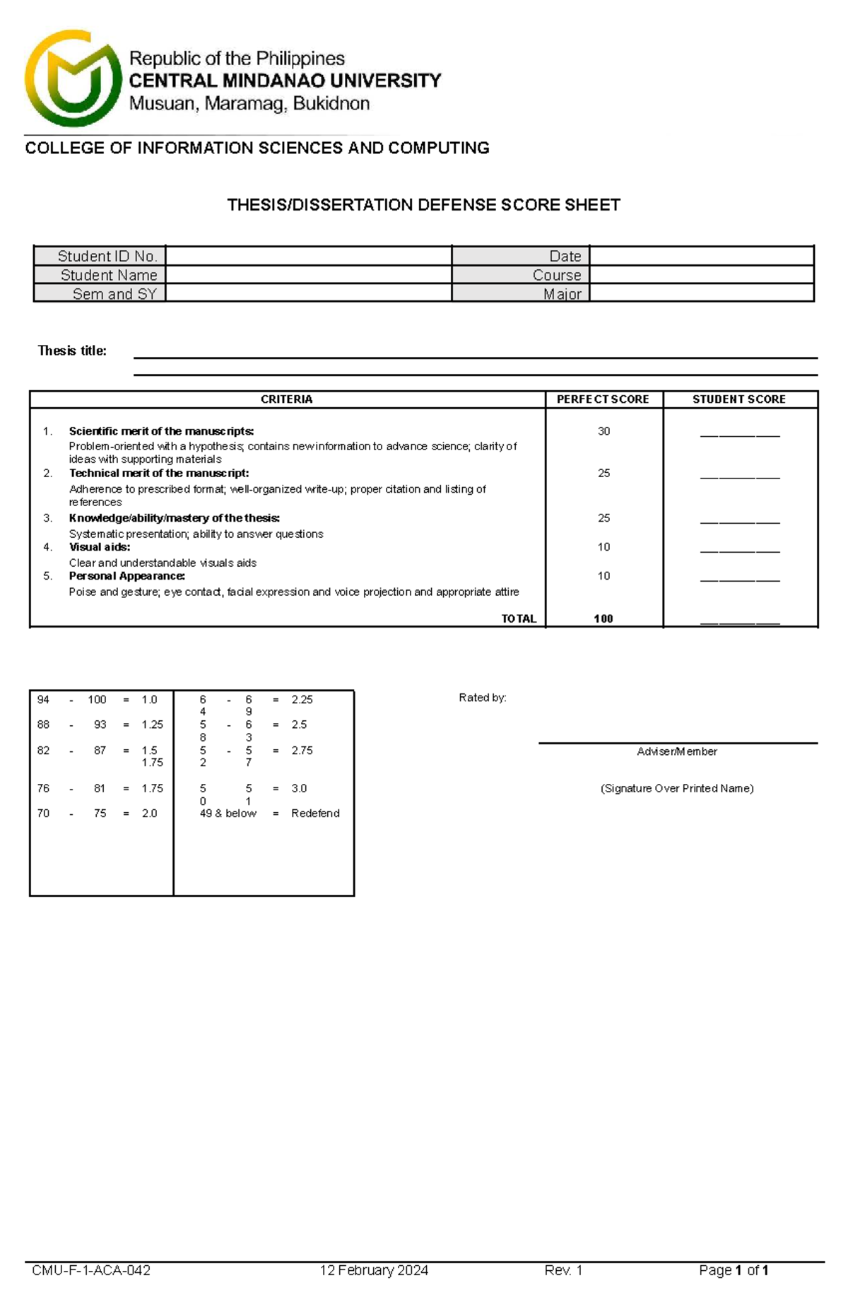 CMU-F-1-ACA-042: Thesis Defense Score Sheet Evaluation - Studocu