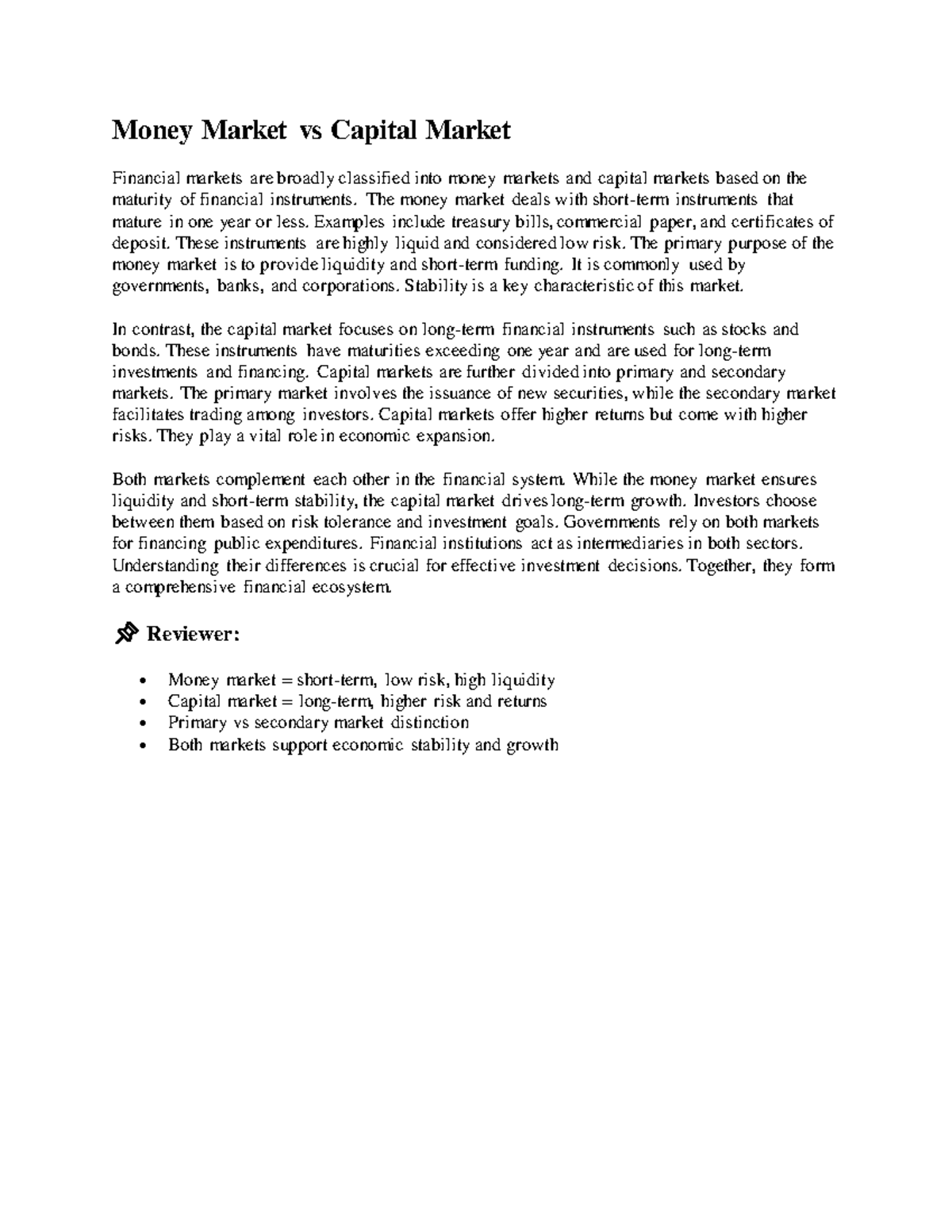 Money Market vs Capital Market: Key Differences and Roles - Studocu