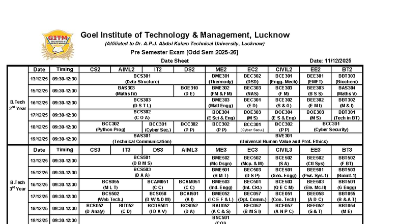 B.Tech 2nd & 3rd Year Odd Sem Date Sheet 2025-26 - Studocu