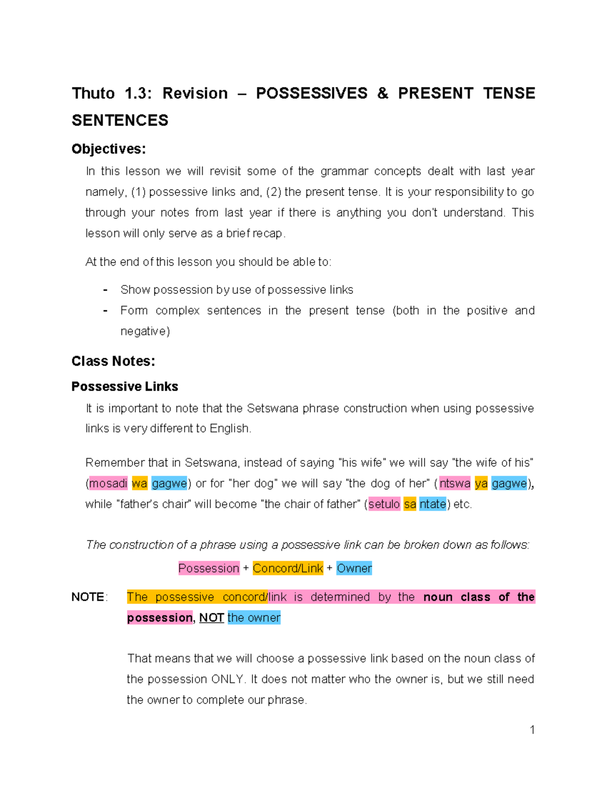 Thuto 1.3 - Class Notes: Revision on Possessives & Present Tense - Studocu