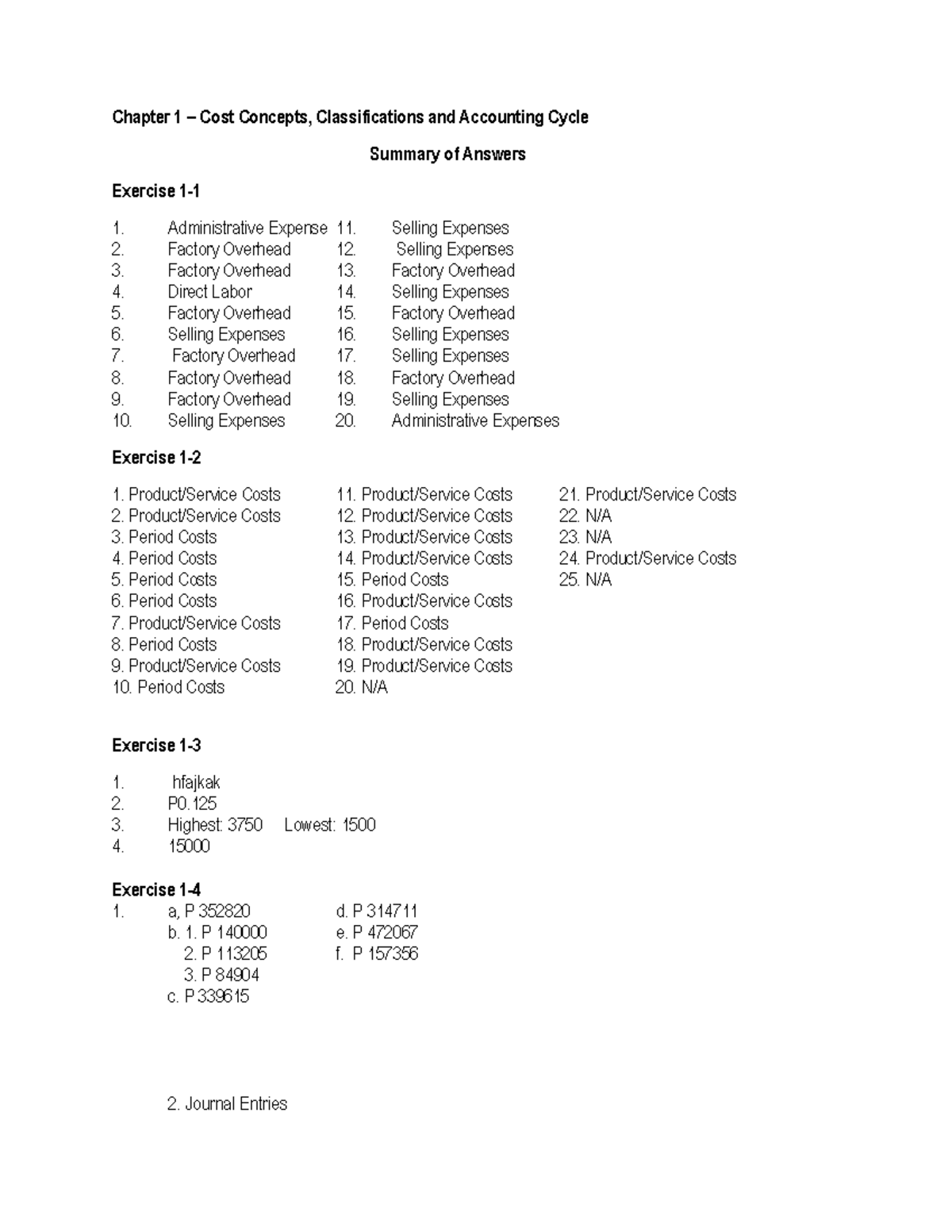 Cost Accounting Solution Manual – Chapter 1 Exercises and Answers - Document Preview