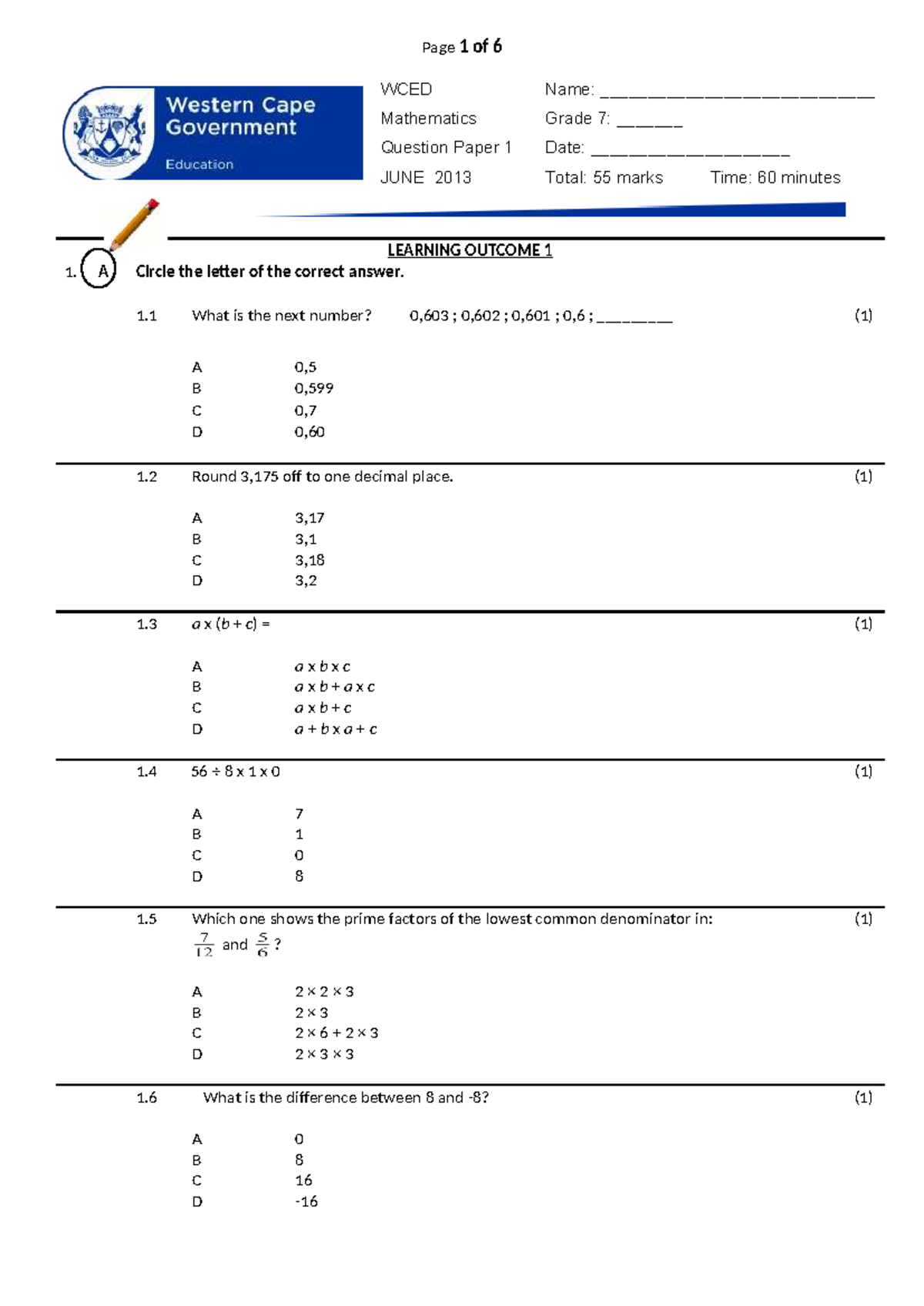 Grade 7 Mathematics June 2013: Question Paper 1 (Total 55 Marks) - Studocu