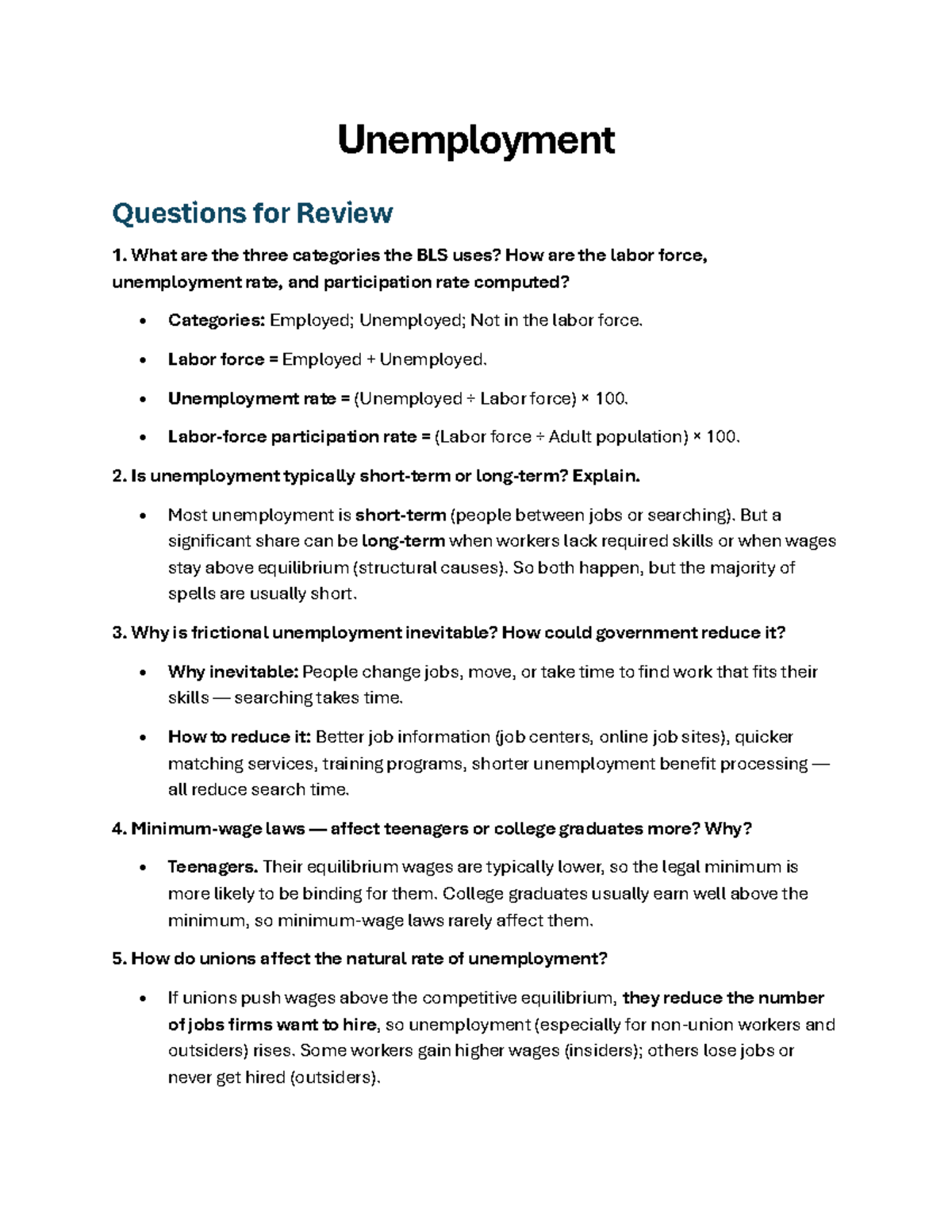 Unemployment Exercise Review: Key Concepts and Calculations - Studocu