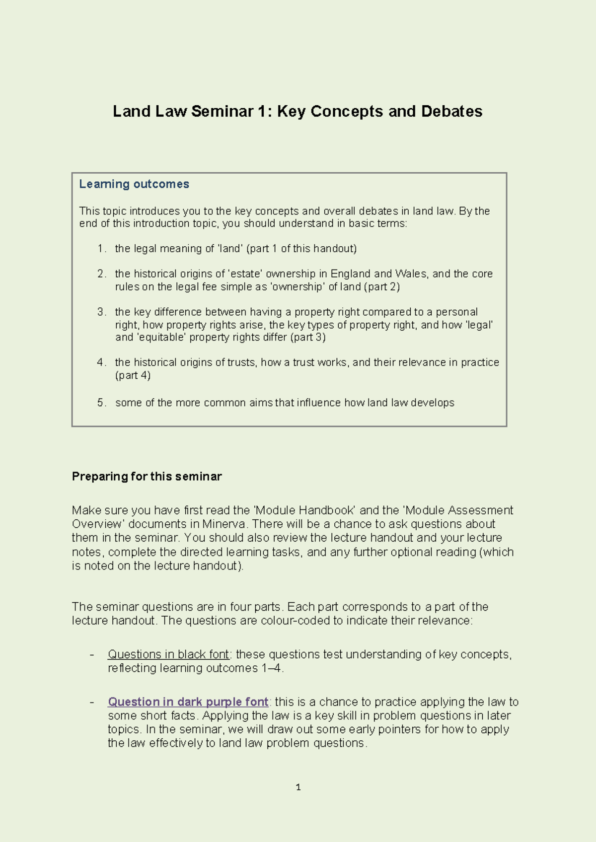 Land Law 1: Key Concepts & Debates - Seminar Notes (2025) - Studocu