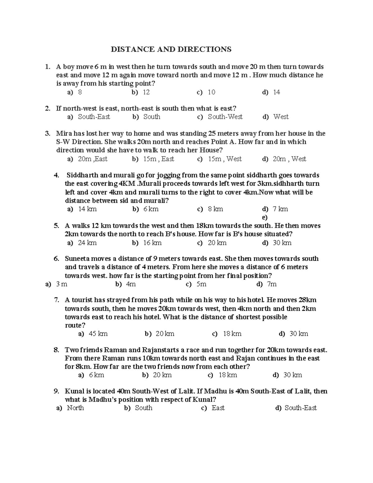 Distance & Direction - Placement Help (Practice Questions) - Studocu