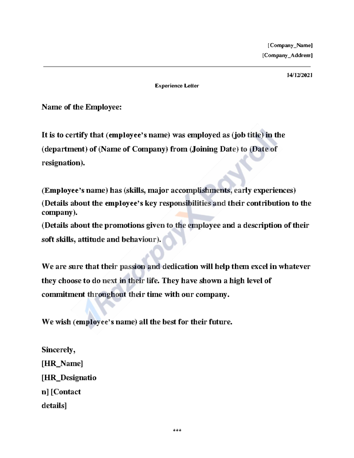 Format For Experience Letter