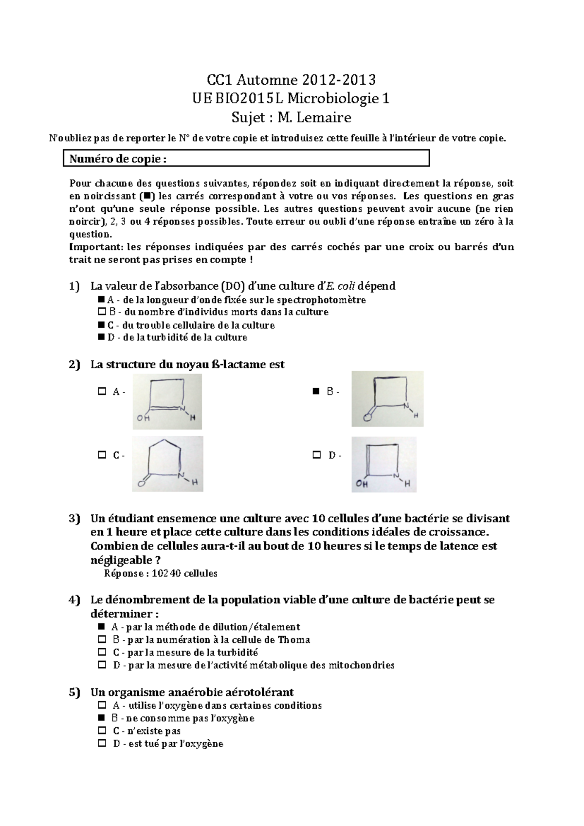 Annale Microbio Corrigé CC1 automne 2012 - Partie M. Lemaire - CC1 ...