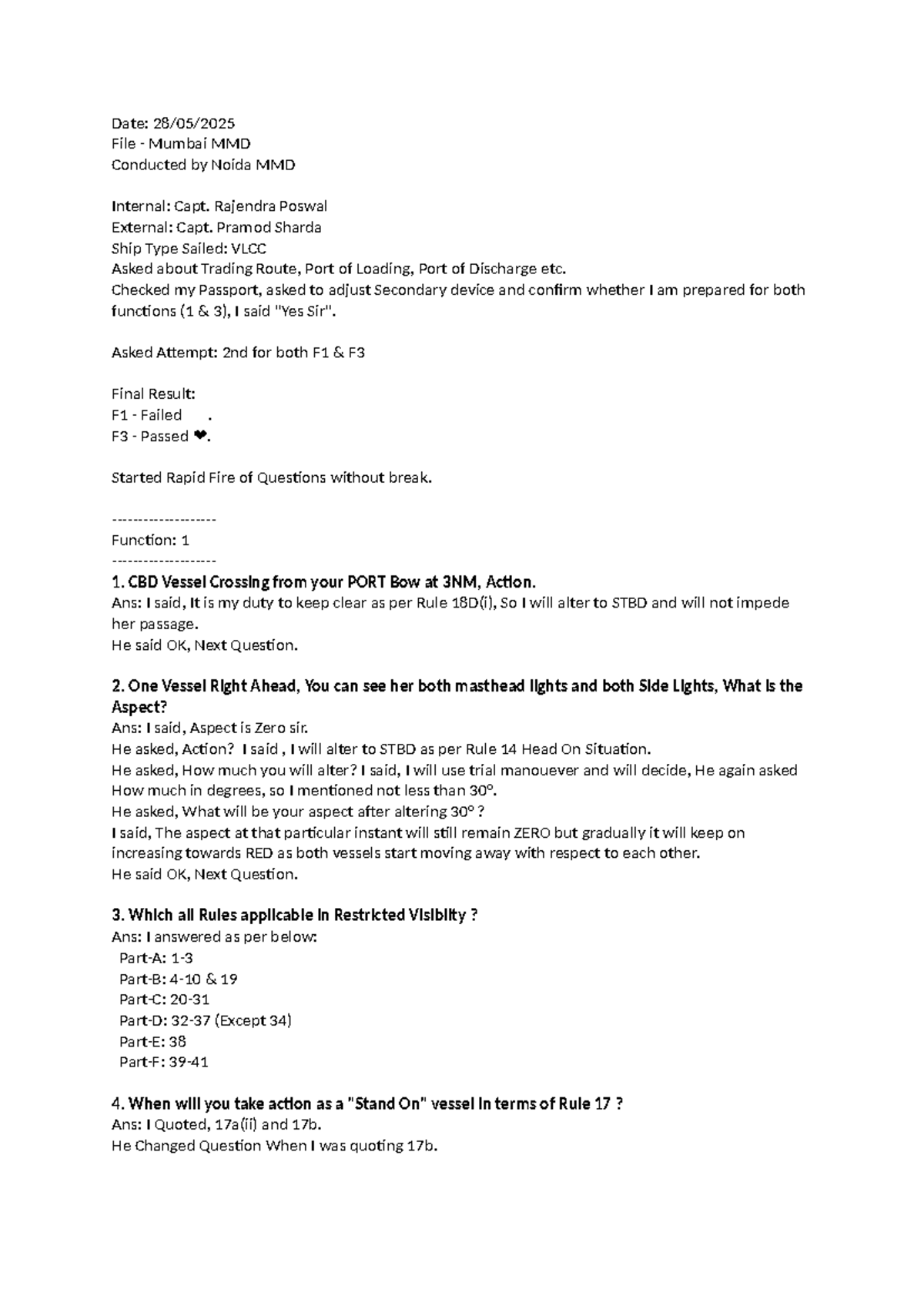 F1 Oral Exam Notes: MMD Mumbai & Noida - Capt. Rajendra Poswal - Studocu