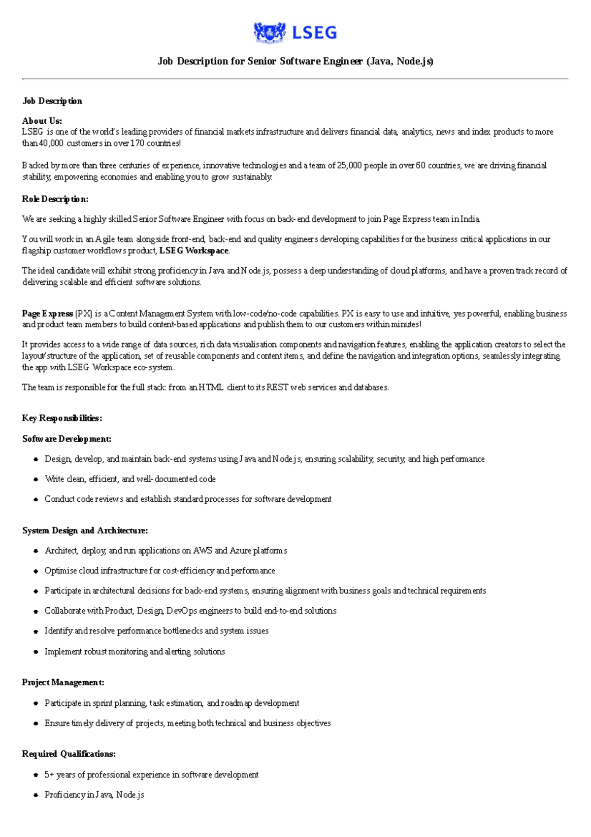 Job Description R0101632: Senior Software Engineer (Java, Node.js ...