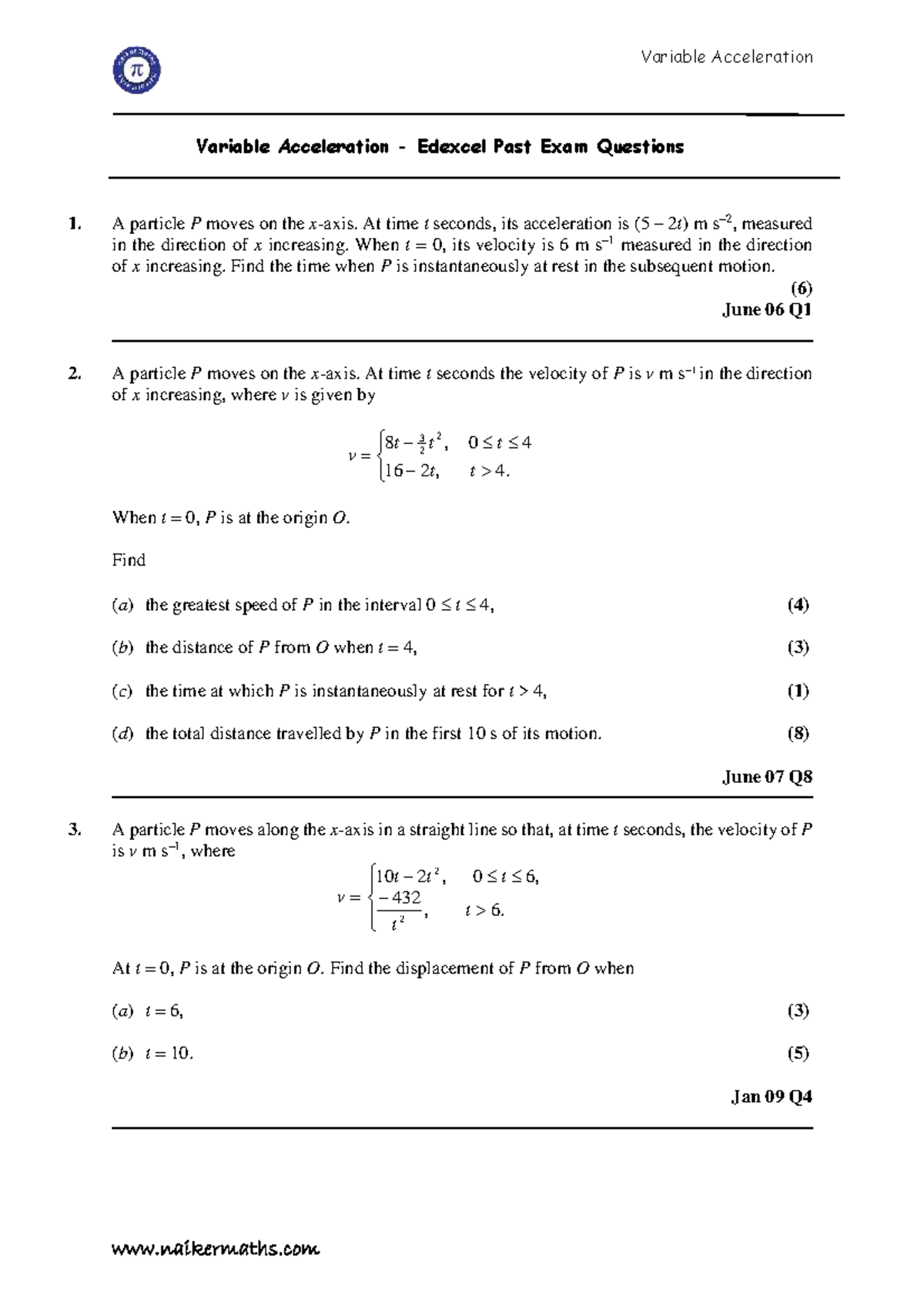Variable Acceleration Edexcel Past Exam Questions and Solutions - Studocu