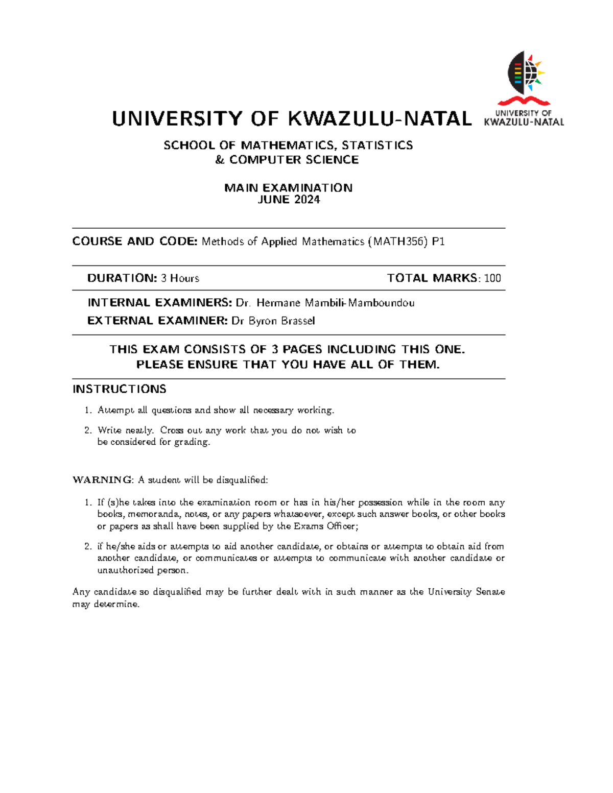 MATH356 June 2024 Main Exam: Methods of Applied Mathematics - Studocu