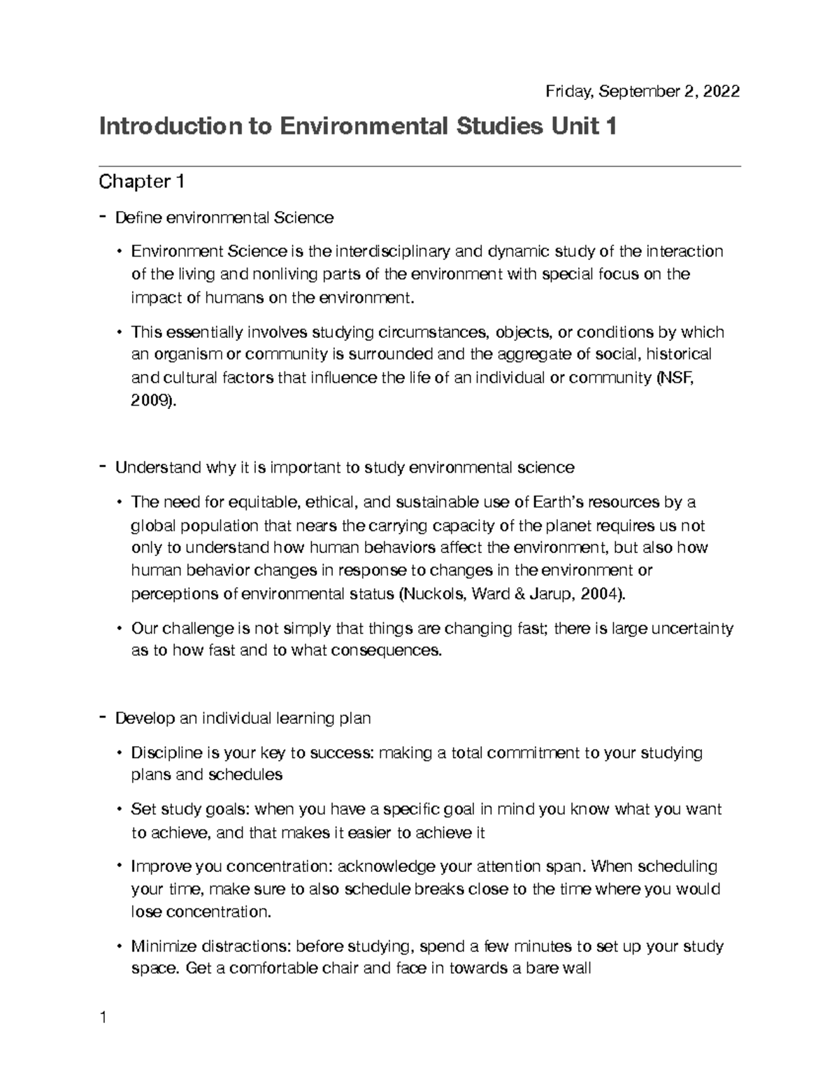 Intro to Envi. Studies Unit 1 Exam Notes - Studocu