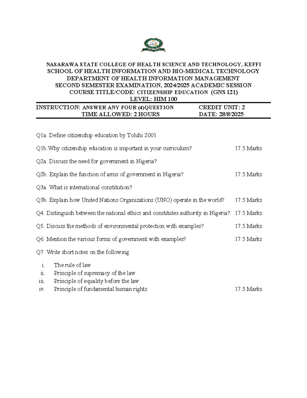 GNS 121 Citizenship Education Exam Questions for HIM 100 - Studocu