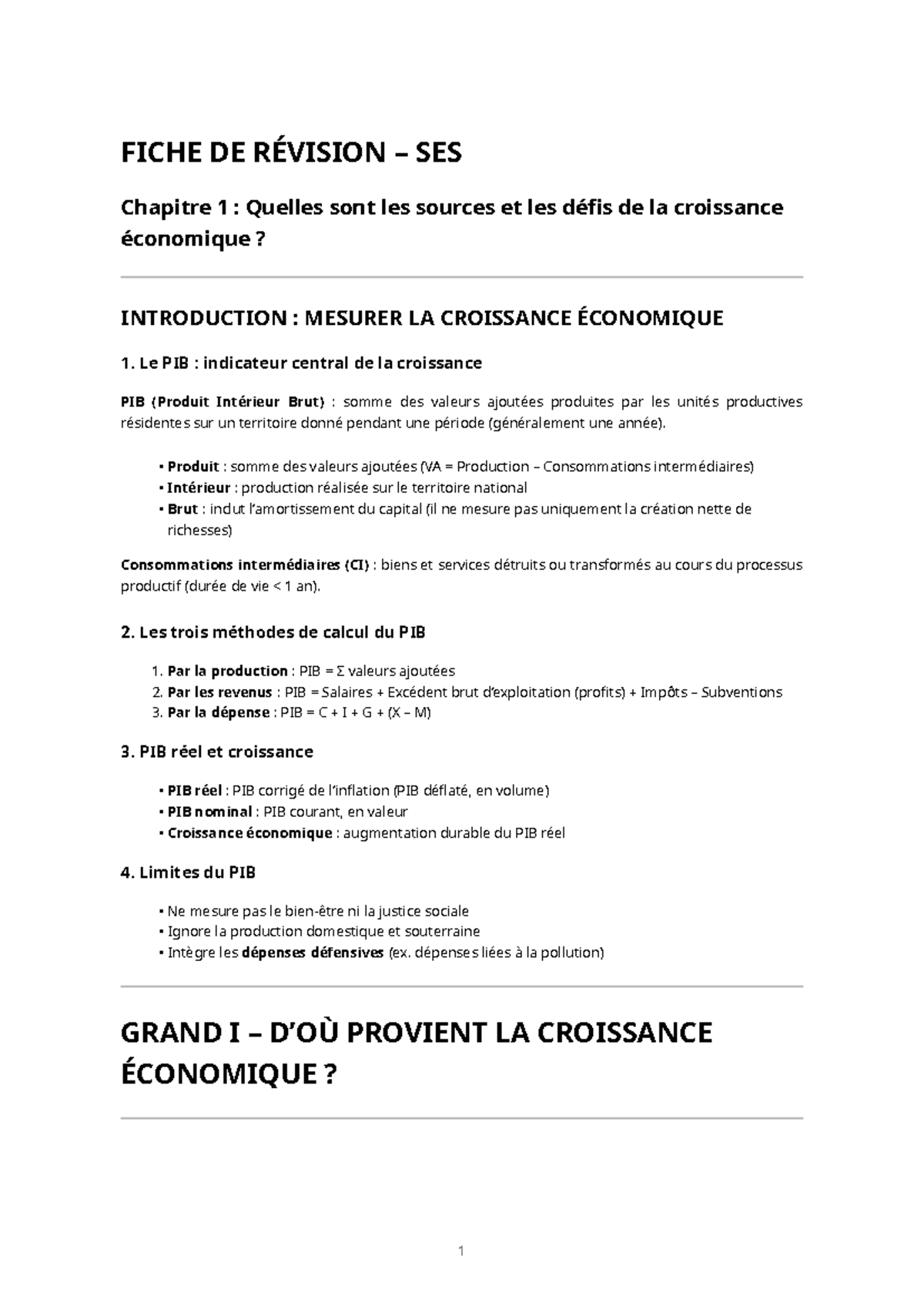 Fiche de Révision SES - Chapitre 1 : Sources et Défis de la Croissance ...