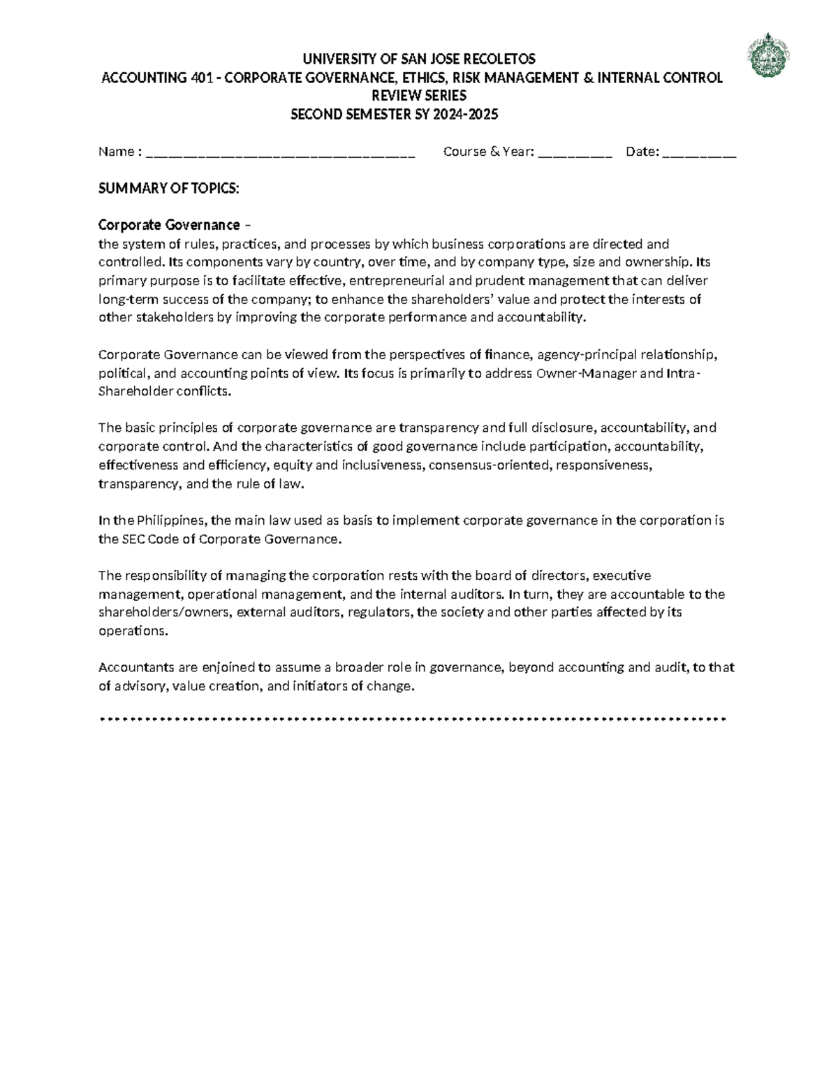 Review Series Session 1 acctg 401 Introduction to Corporate Governance ...