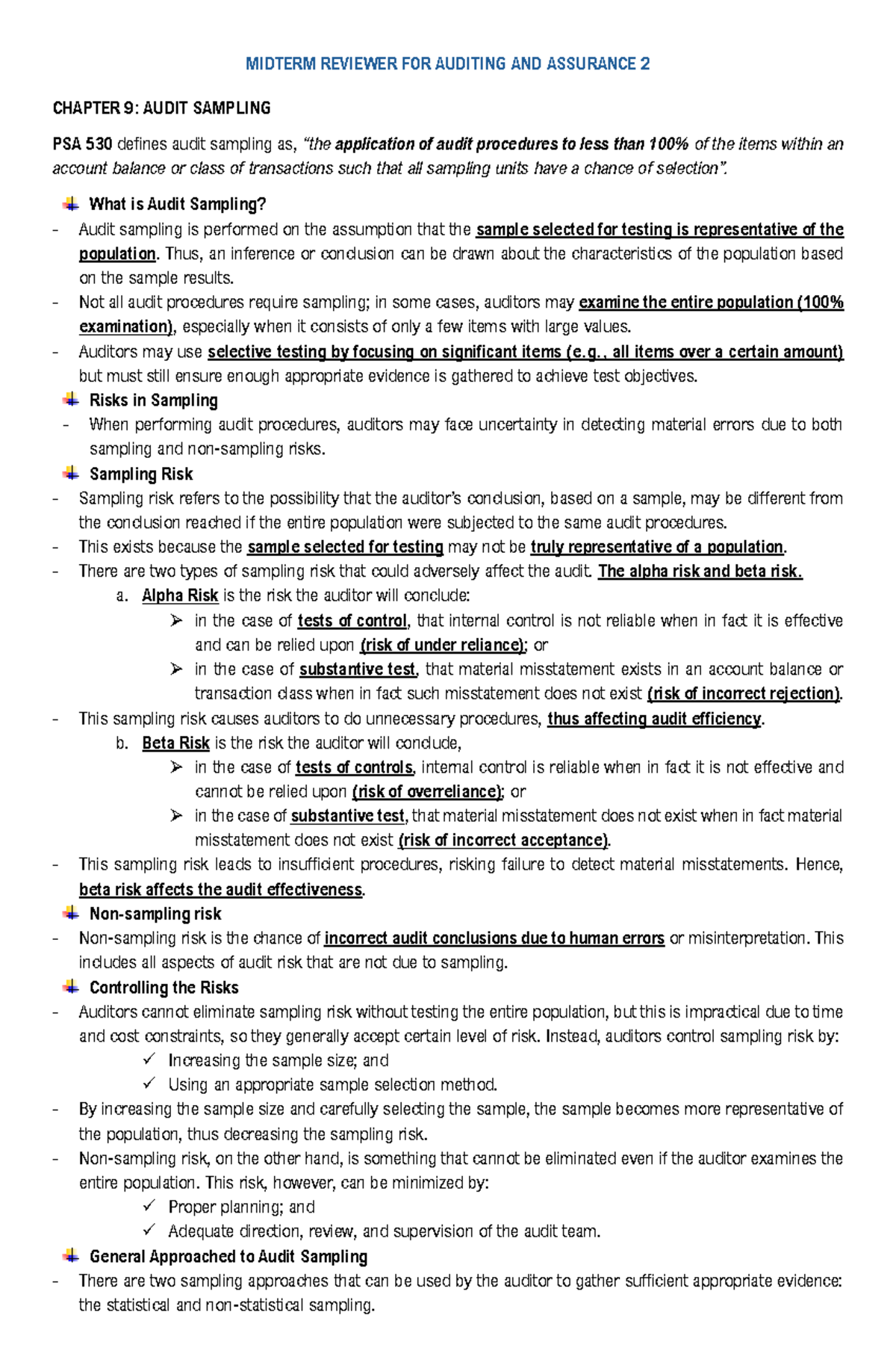 MIDTERM REVIEWER FOR AUDITING AND ASSURANCE 2: AUDIT SAMPLING - Studocu