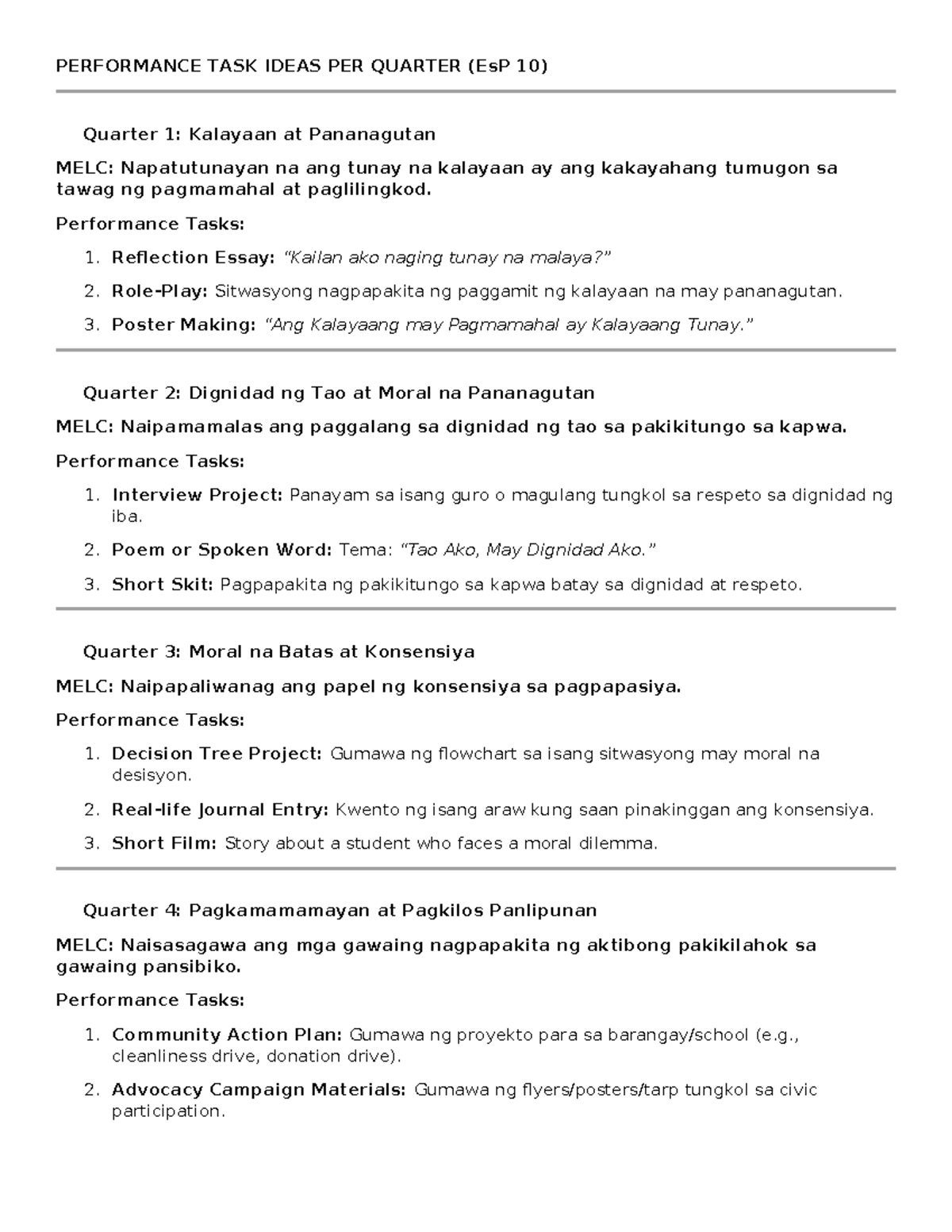 Performance Task Ideas per Quarter (EsP 10) - Studocu
