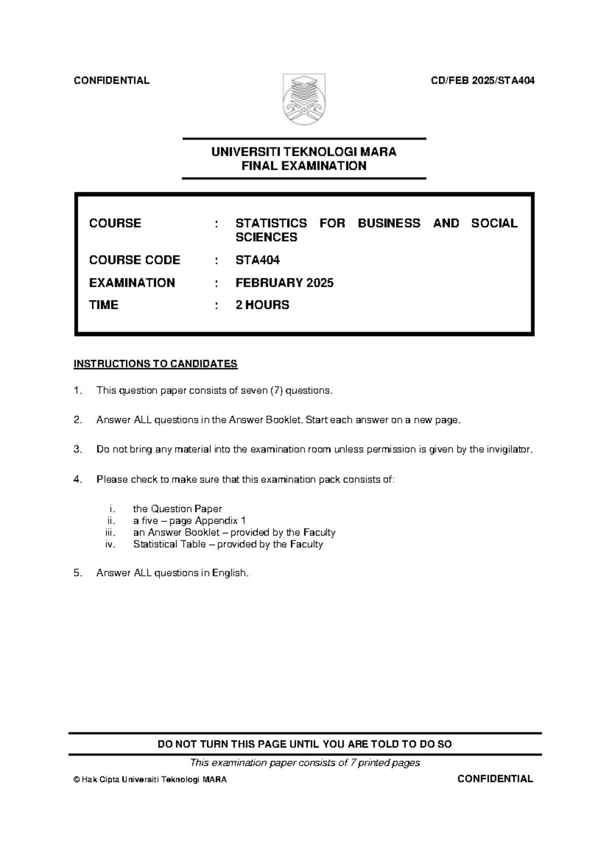 FEB2025 STA404 - Final Exam Past Year Questions on Statistics - Studocu
