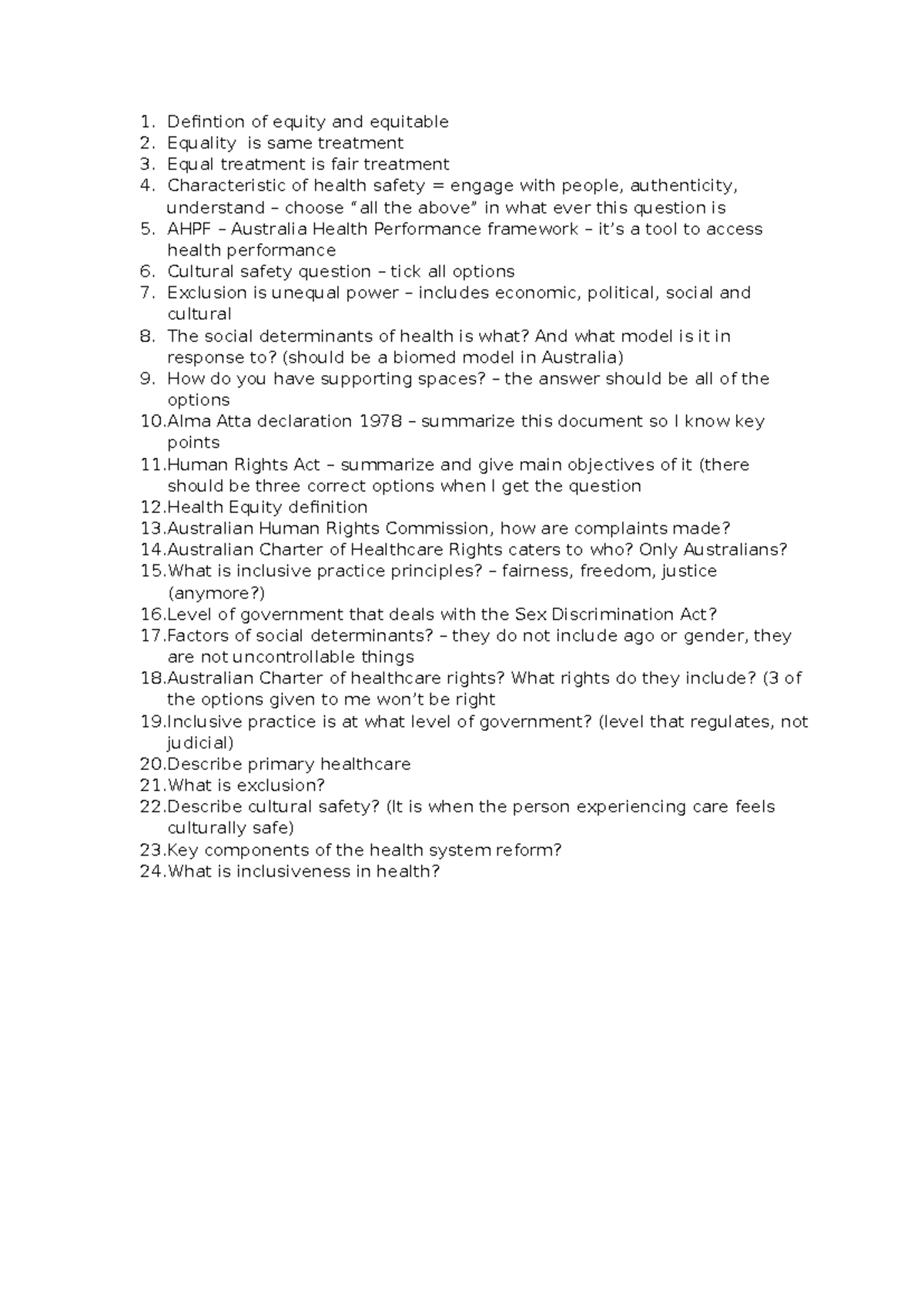 Quiz questions NS1882 - Defintion of equity and equitable Equality is ...