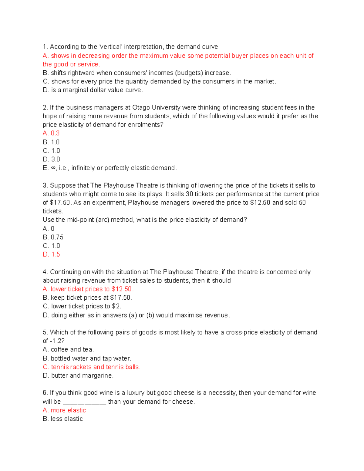 BSNS 113 Final Exam Practice Questions on Demand Elasticity - Studocu