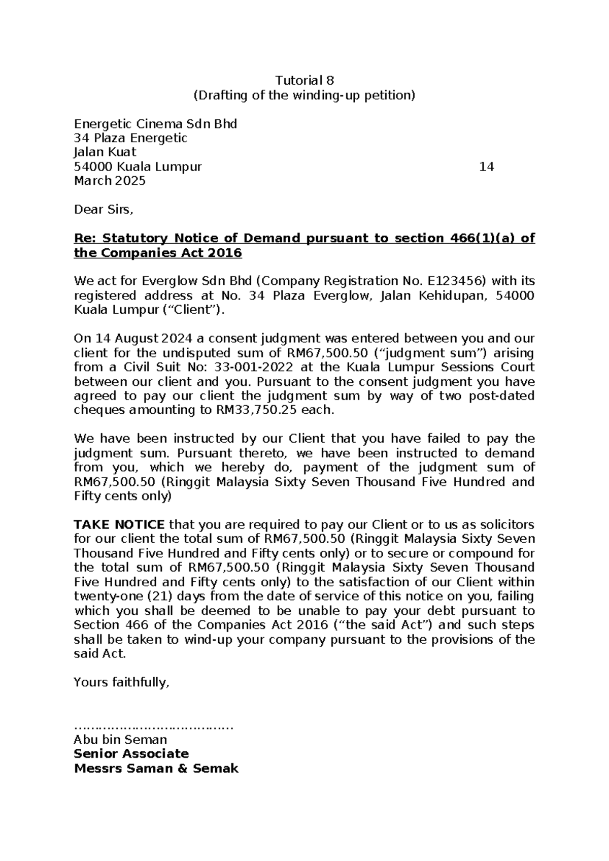 Tutorial 8: Drafting Statutory Notice of Demand - Legal Practice 2025 ...