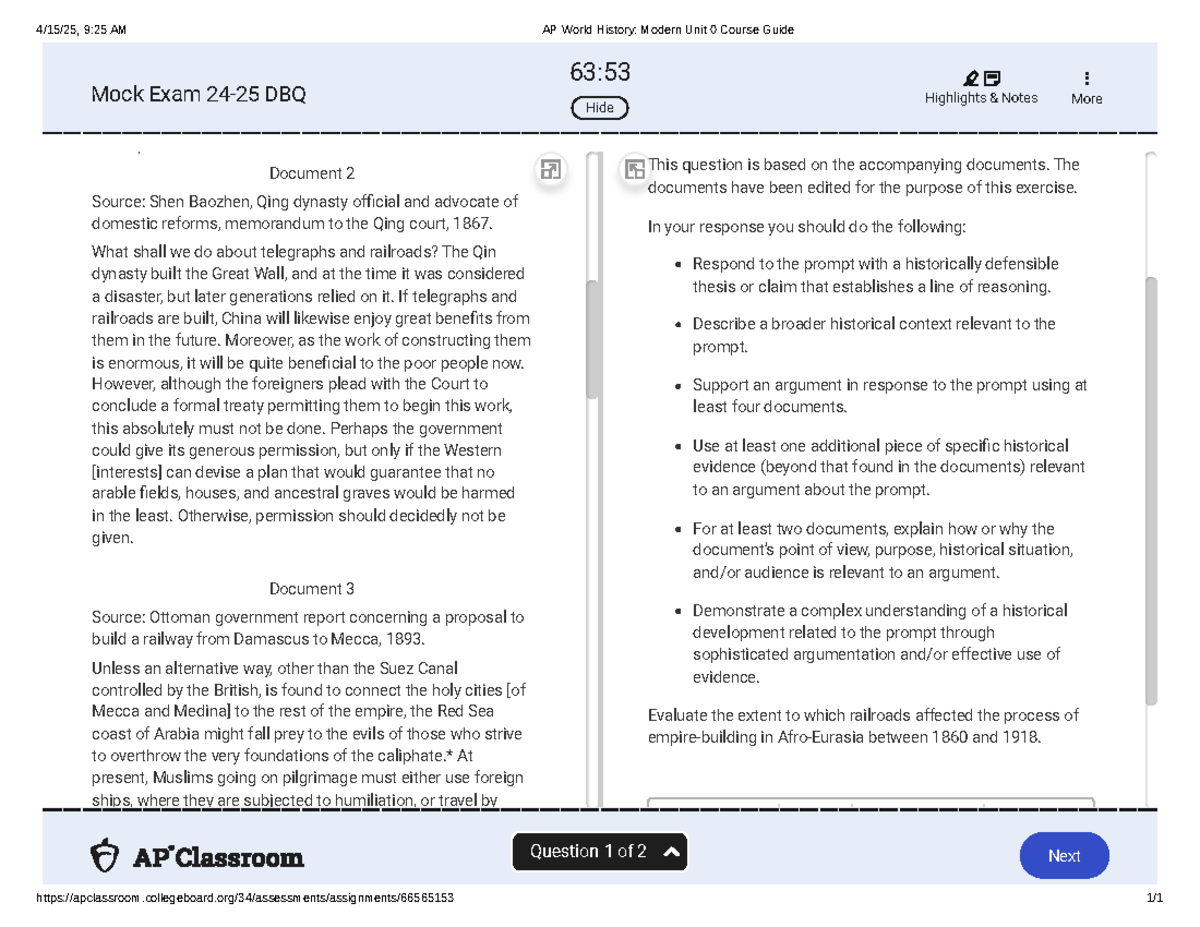 AP World History: Modern Unit 0 DBQ Mock Exam Guide & Notes - Studocu