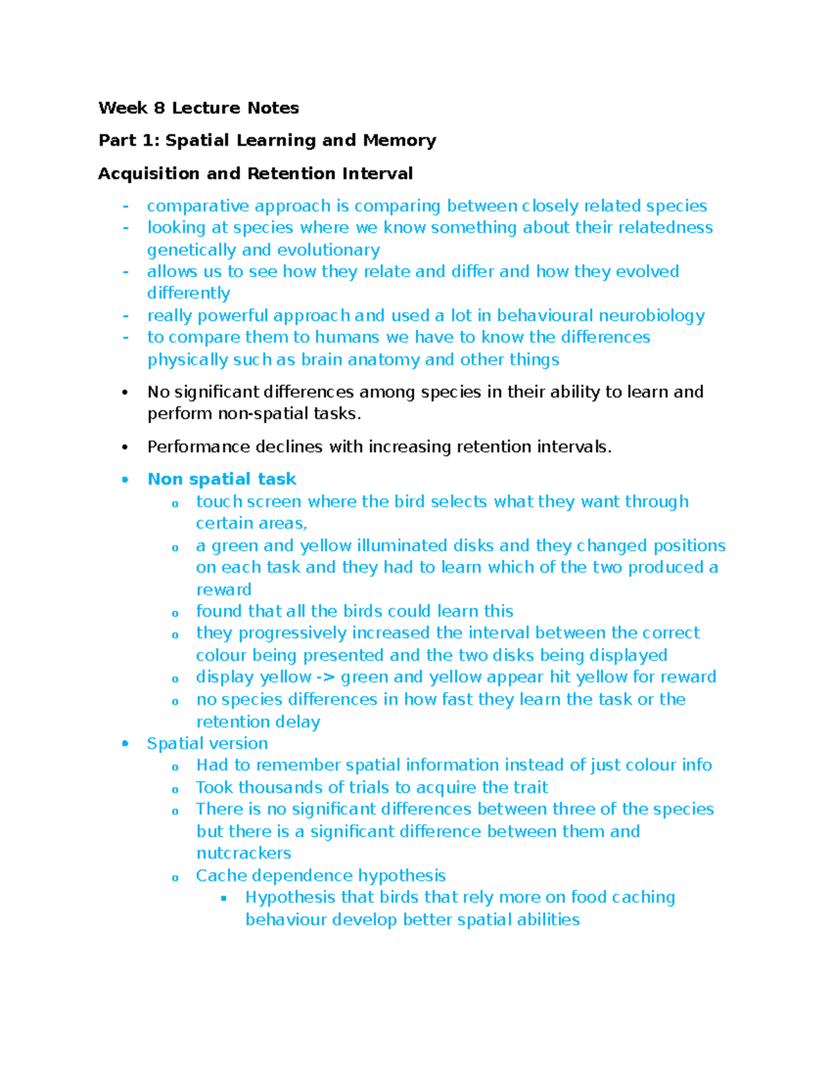 Week 8 Lecture Notes: Comparative Spatial Cognition in Animals - Studocu