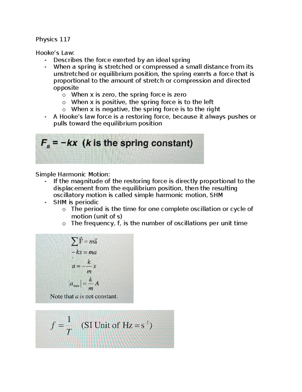 Physics 117 Lecture Notes: Spring Force, SHM, and Wave Interference ...