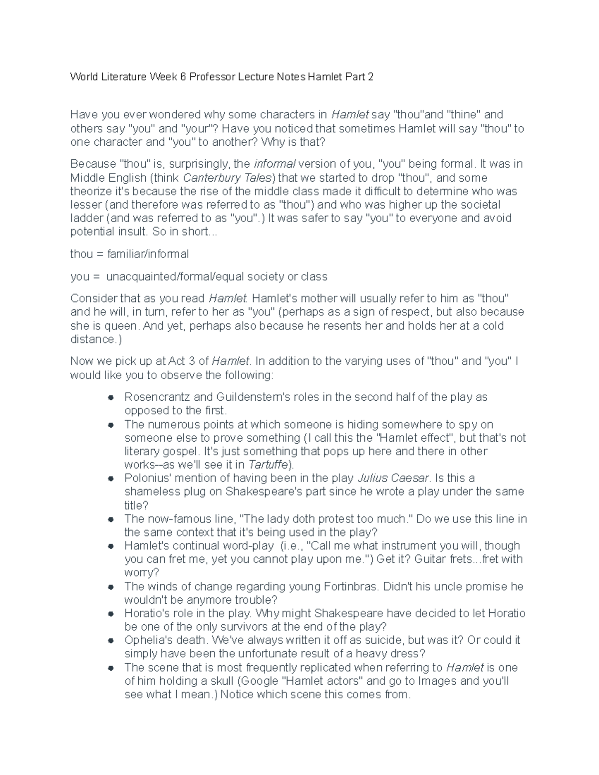 World Literature (WLIT 202) Week 6 Lecture Notes on Hamlet - Studocu