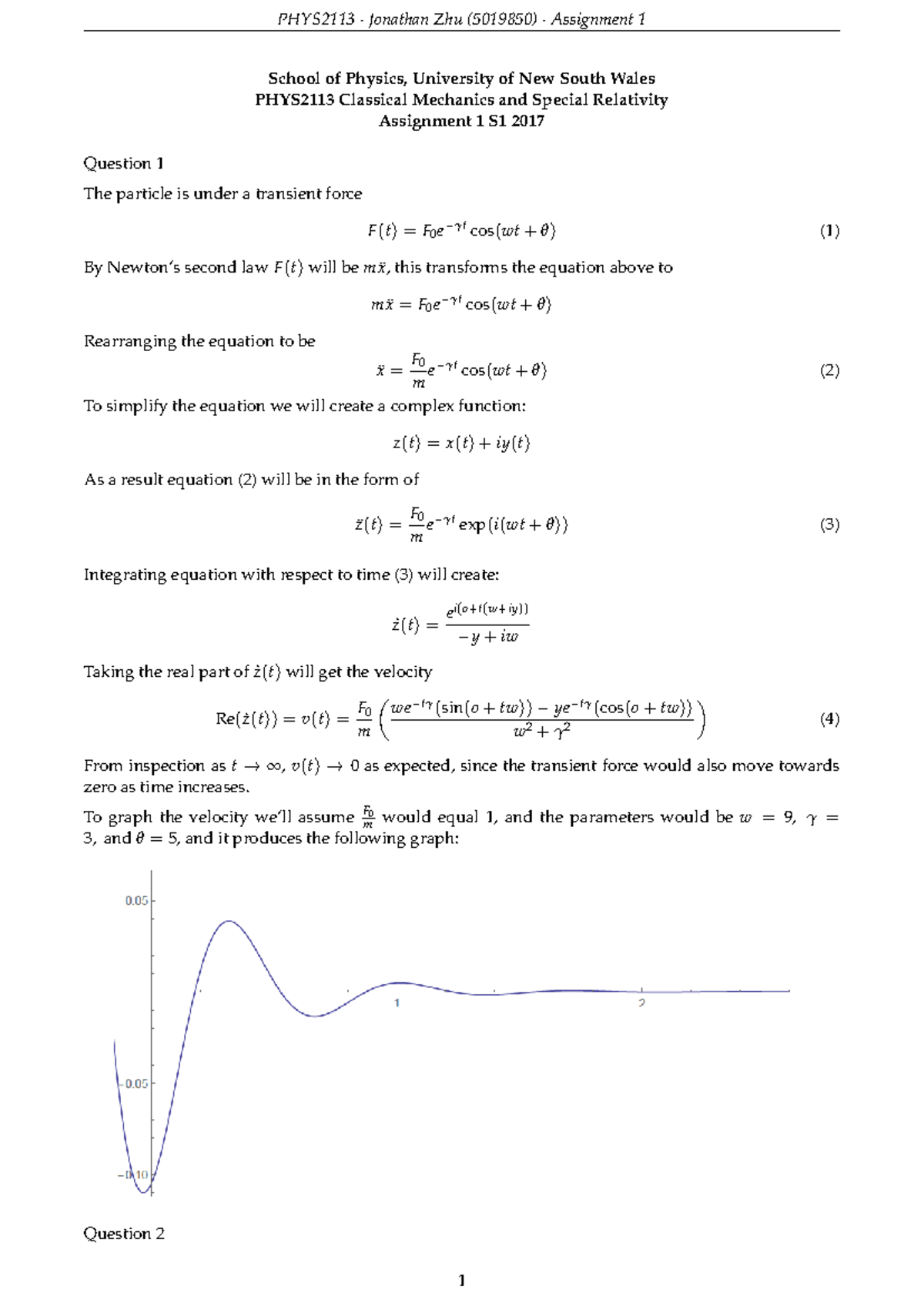 PHYS2113 Classical Mechanics Assignment 1 Solutions and Analysis - Studocu