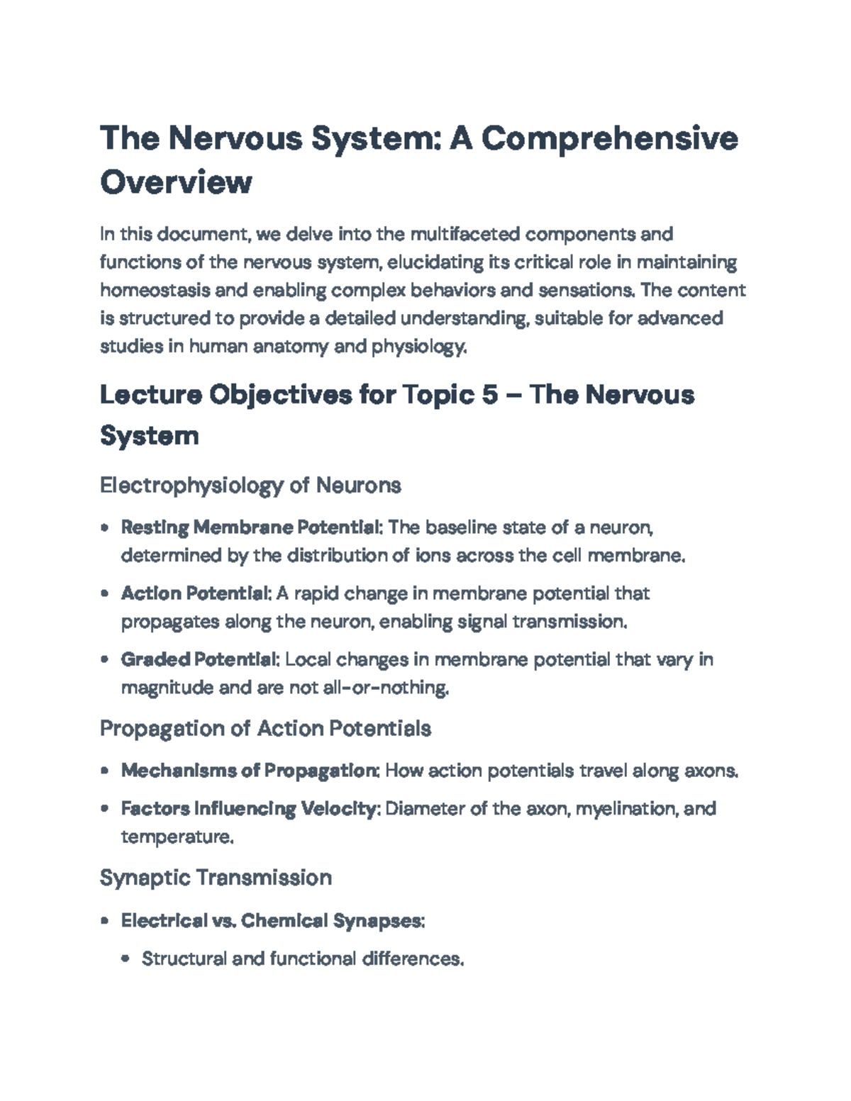 Comprehensive Lecture Notes on Nervous System Functions and Structure ...