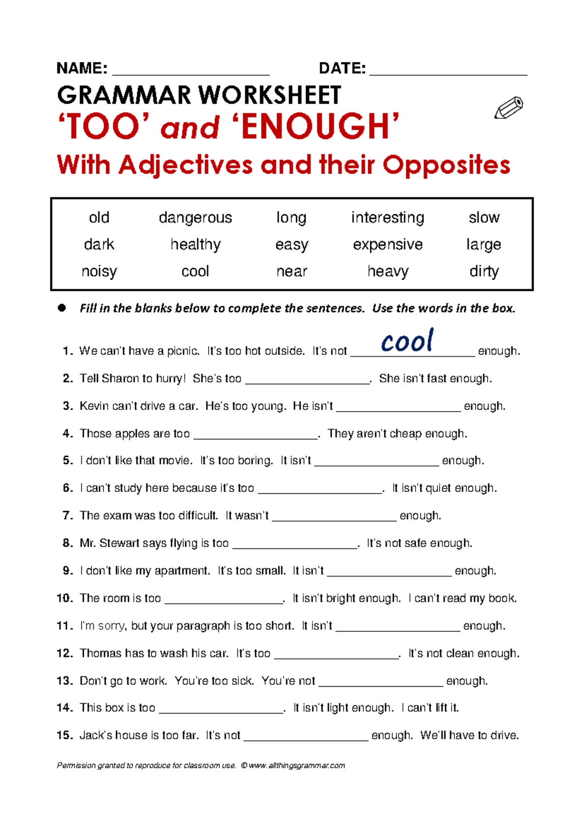ENGL101 Grammar Worksheet: Using 'Too' and 'Enough' in Sentences - Studocu