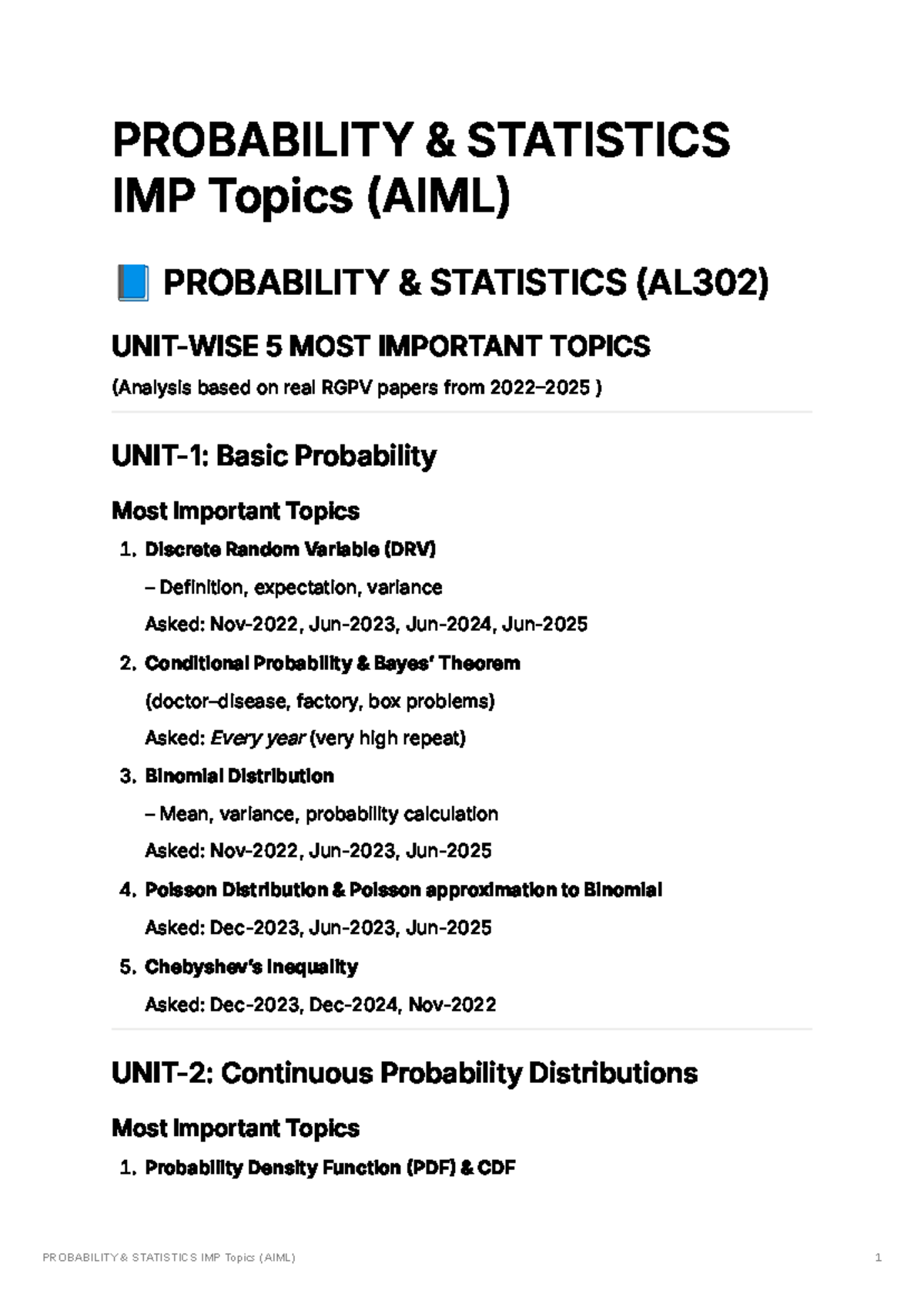 Probability Statistics Key Topics for AL302 (AIML) - Studocu