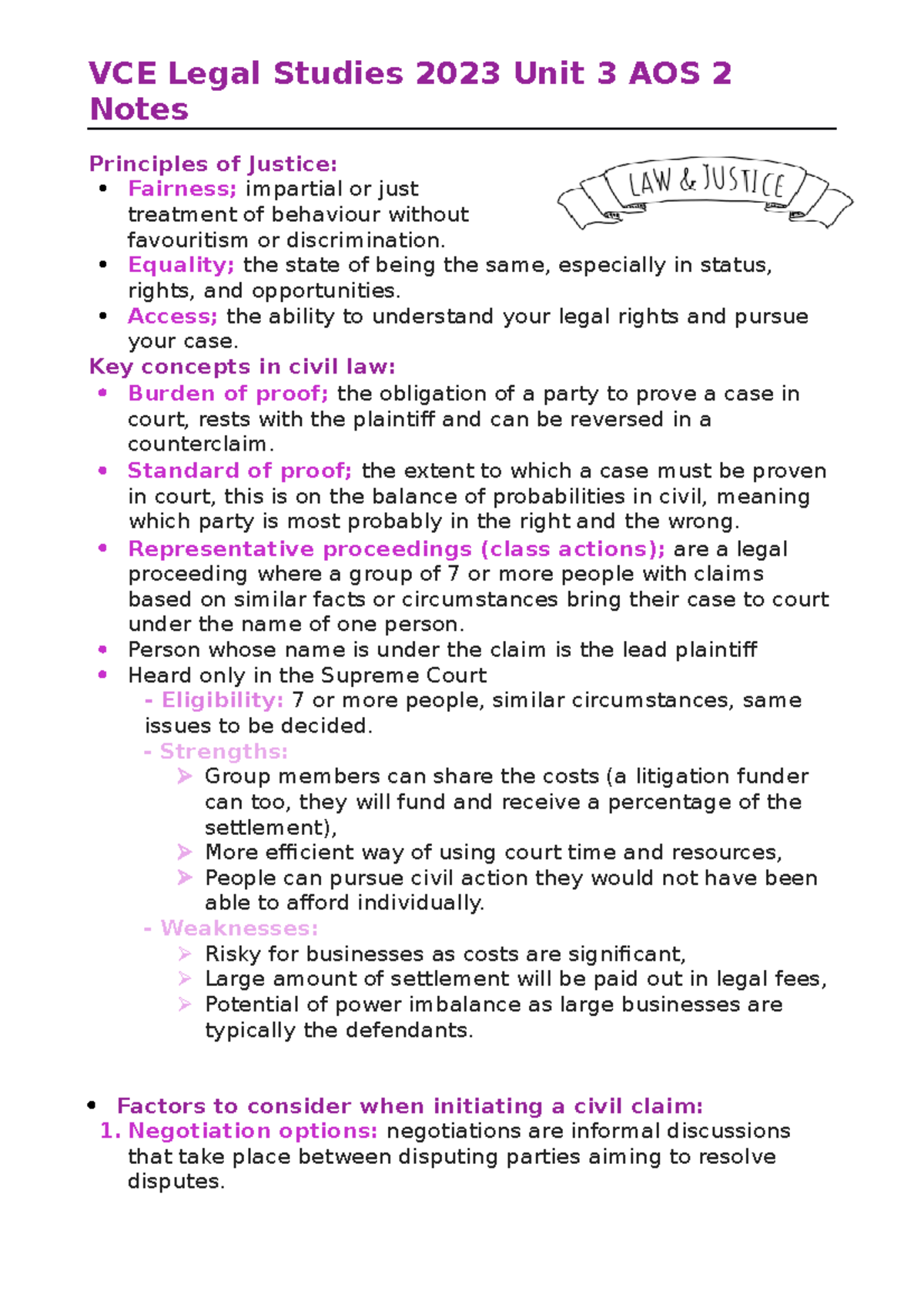 Legal Studies Unit 3 AOS 2: Principles of Justice and Civil Law Notes ...