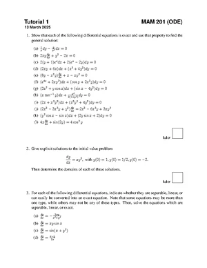 Tutorial 3 Solutions for MAM 201 (ODE) - April 2025 - Studocu