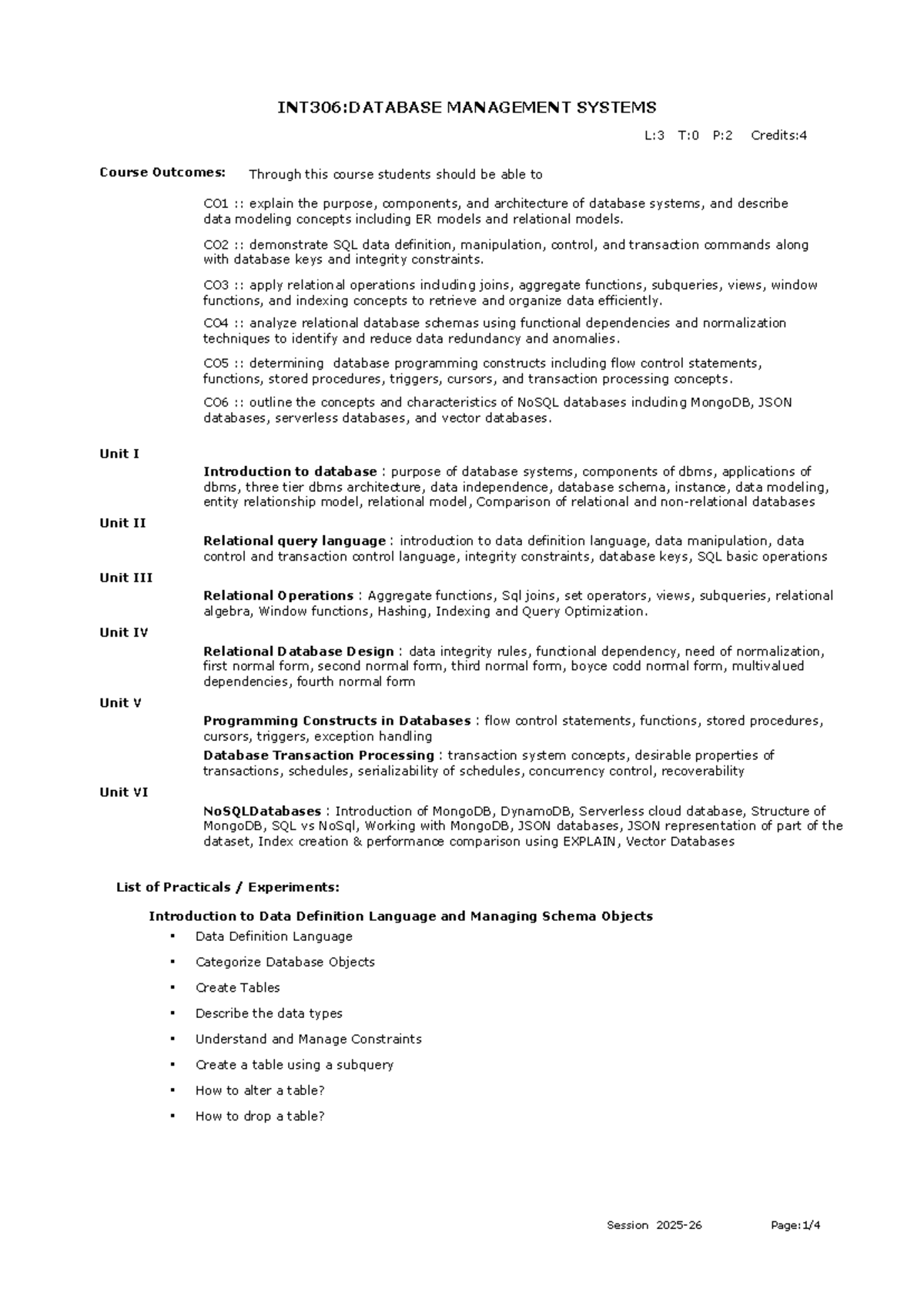 INT306: DATABASE MANAGEMENT SYSTEMS - Syllabus Overview - Studocu