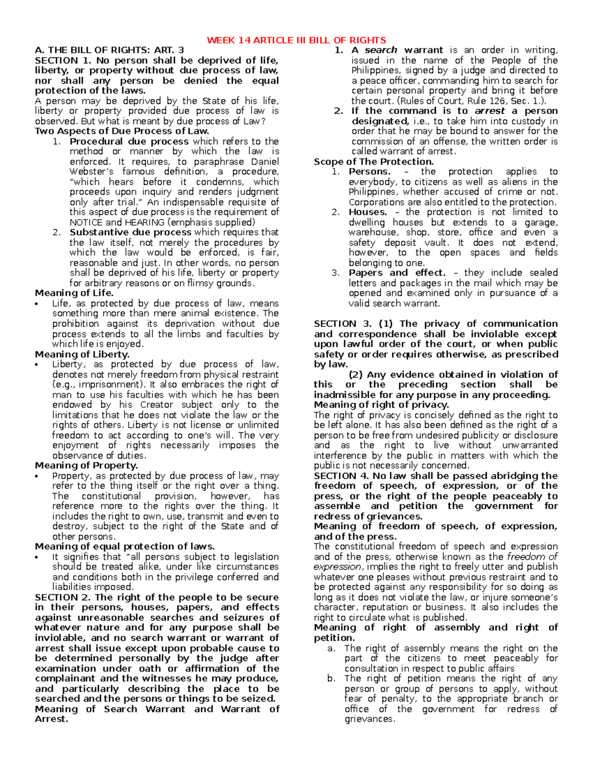 WEEK 14: Detailed Overview of Article III - Bill of Rights - Studocu
