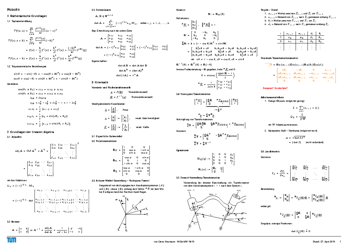 Robotics Formular Sheet - Mathematical Foundations and Kinematics - Studocu